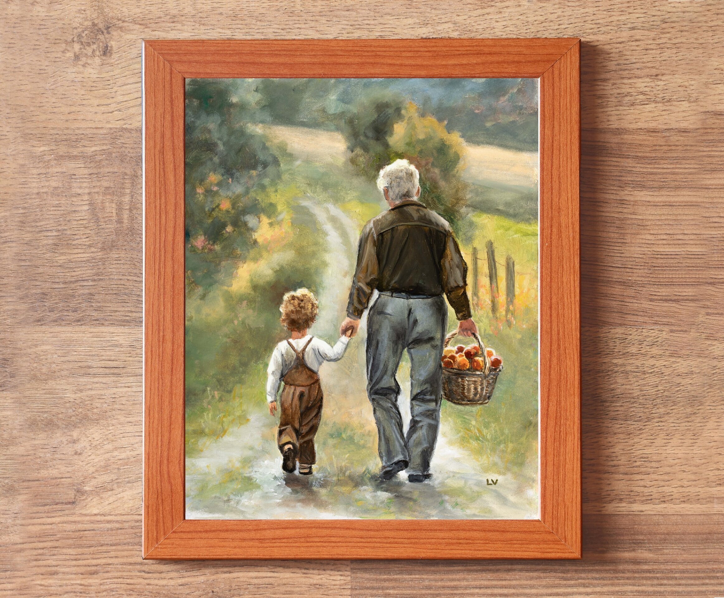 Pintura tierna de abuelo y nieto con cesto de manzanas en camino rural de granja - 3