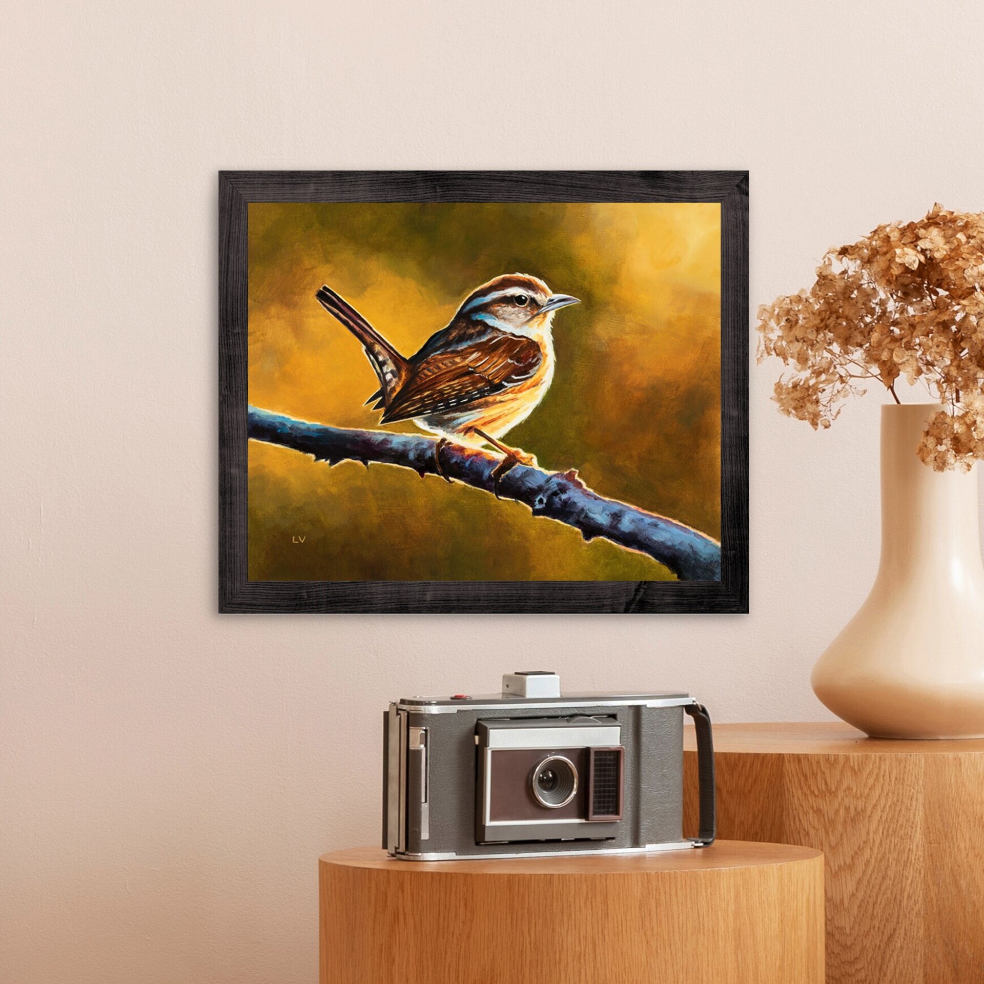 Pintura al óleo de un pájaro marrón sobre una rama, Cuadro animales silvestres - 9