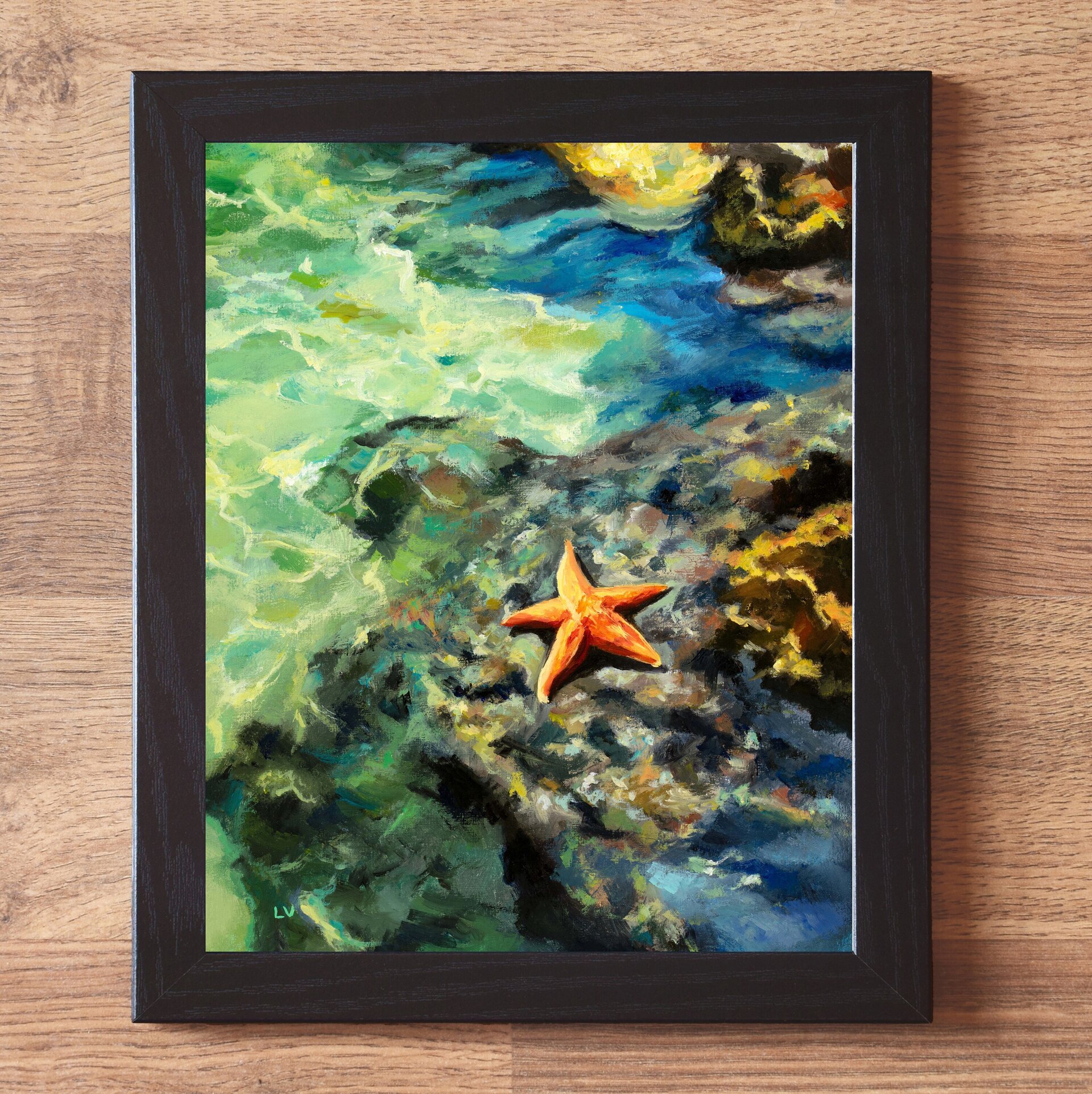 Cuadro al óleo de estrella de mar, Paisaje de océano con rocas, agua y olas - 2