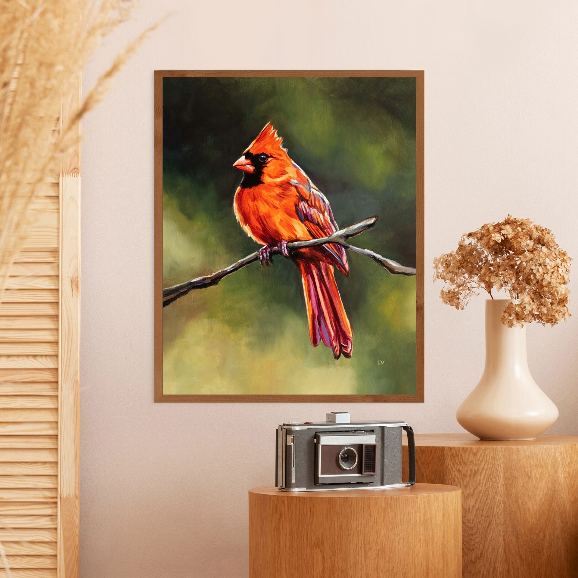 Retrato al óleo de un pajaro cardenal rojo sobre una rama, Pintura de animales - 12