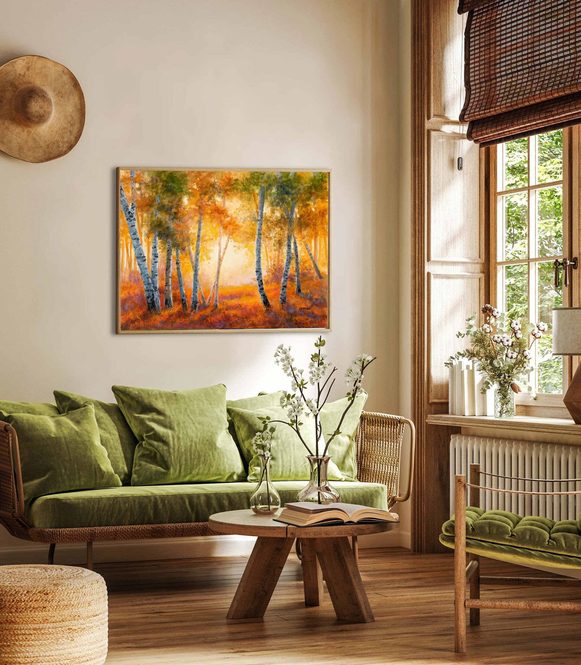 Bosque otoñal de abedules y luz entre los árboles, Óleo en tonos naranja y verde - 7