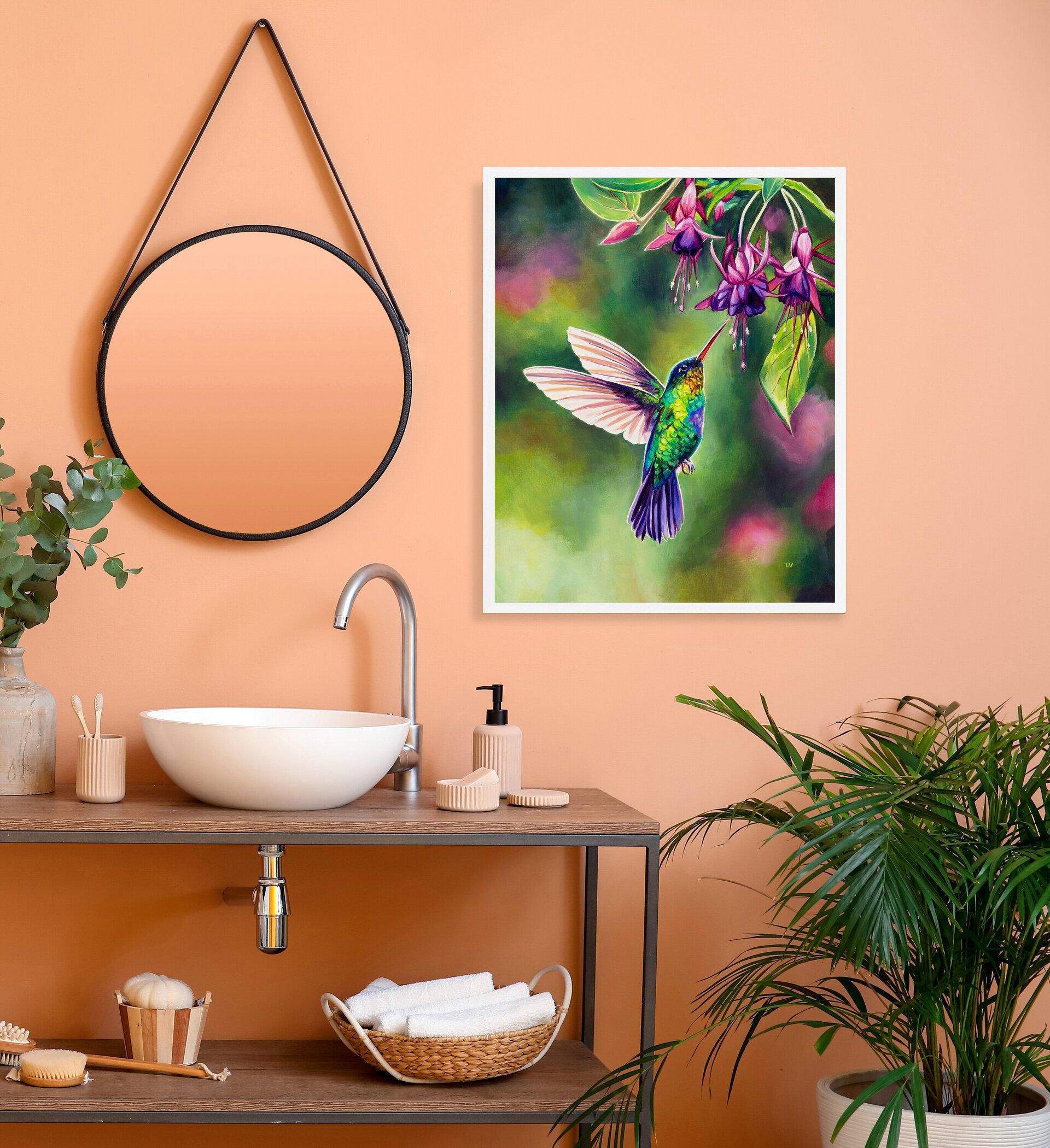 Pájaro colibrí volando con flores tropicales, Cuadro al óleo de ave exótica - 7
