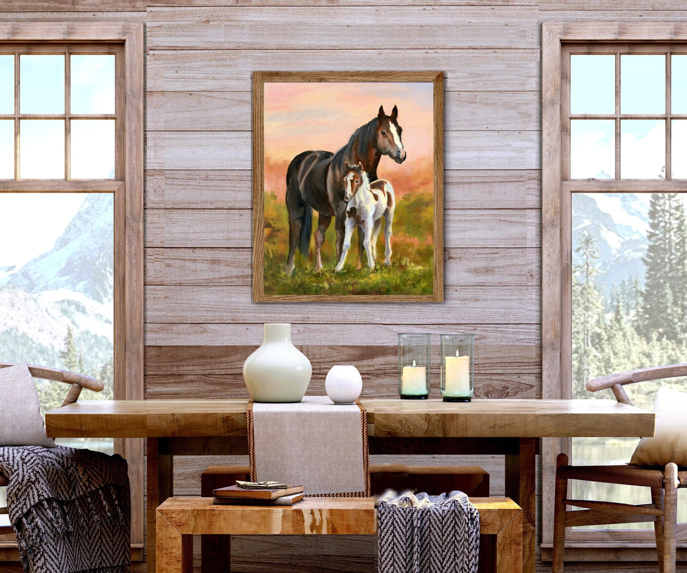 Yegua y potrillo al atardecer, Pintura cálida de serenidad, ternura y animales - 8