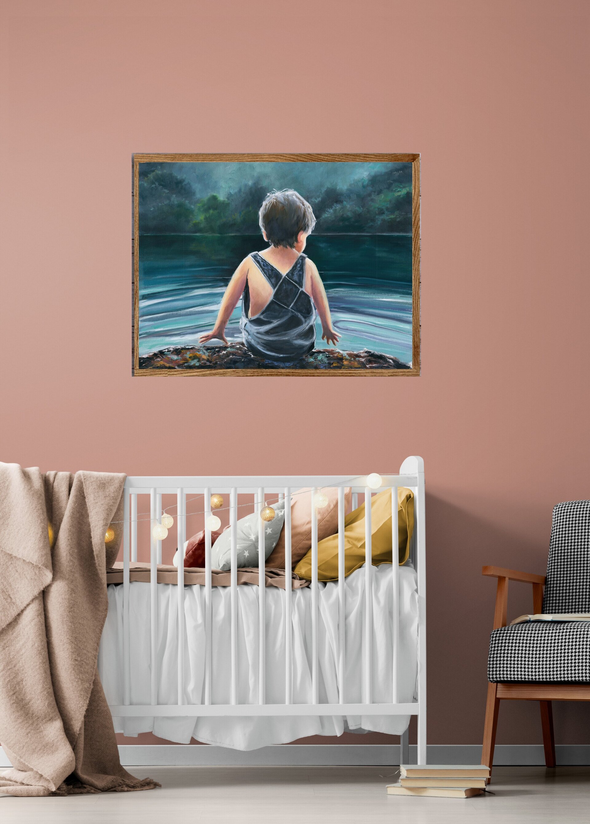 Pintura de lago de noche con niño jugando con el agua bajo reflejo de luna llena - 8