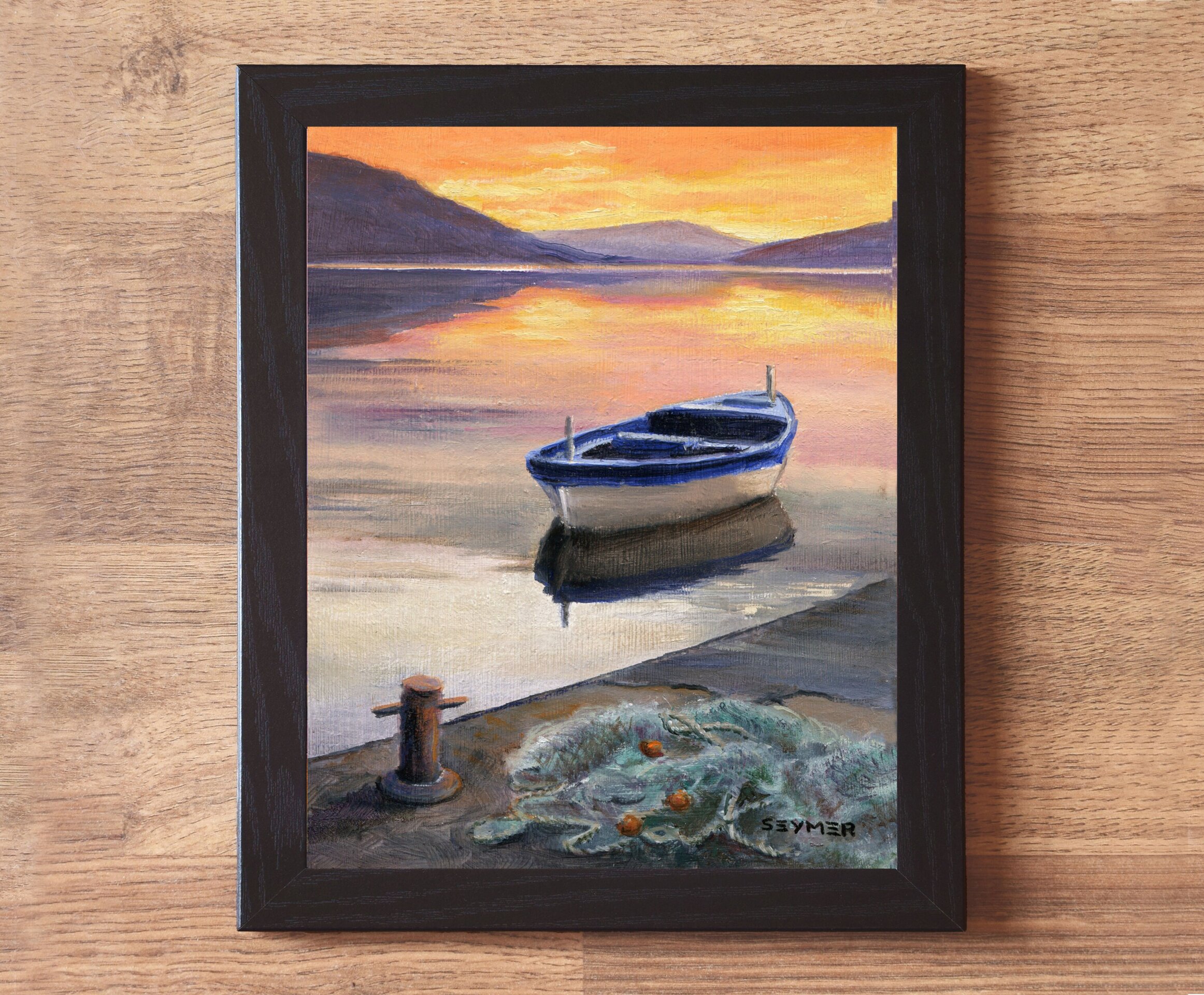 Pintura de barca de pesca con red en muelle al atardecer, Regalo para pescador - 2