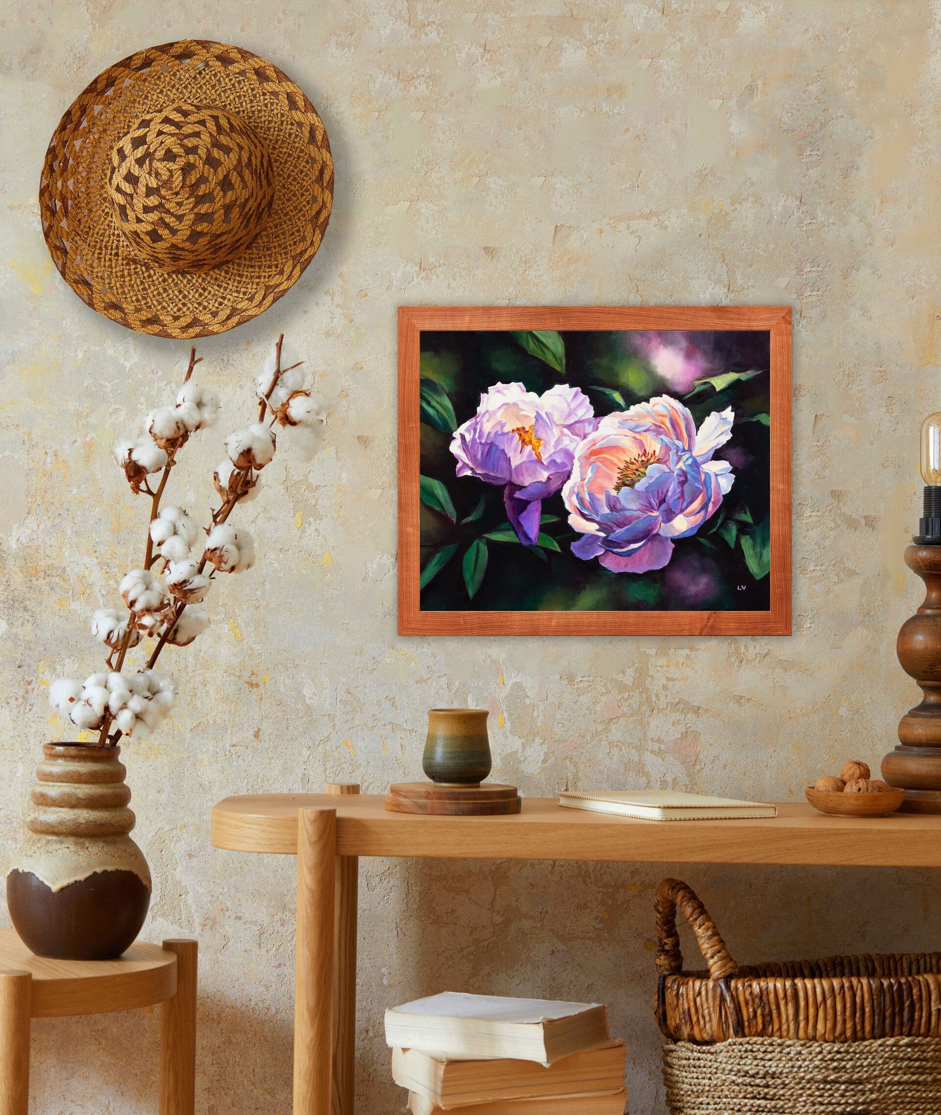 Bodegón floral con peonías rosa de jardín, Pintura botánica al óleo realista - 9