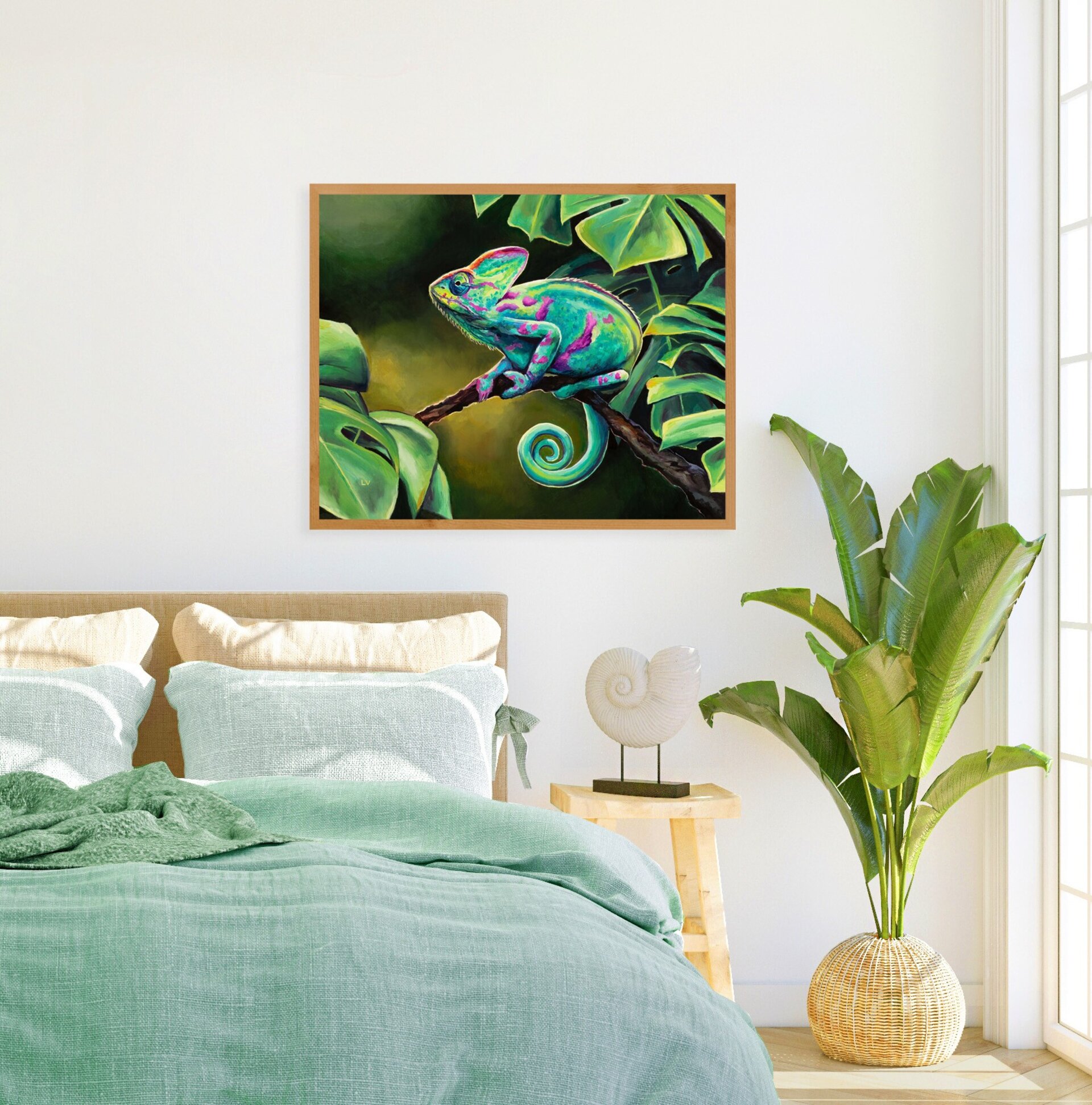 Cuadro al óleo de camaleón verde en la selva, Pintura realista animales salvajes - 11
