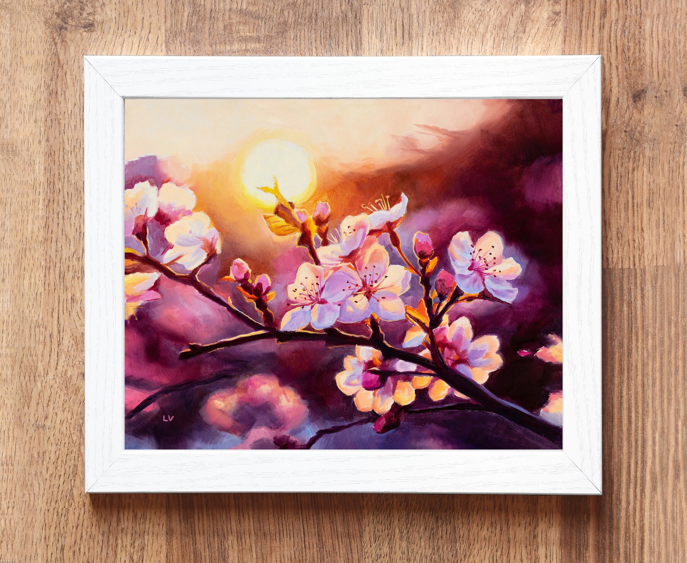 Pintura al óleo de cerezos en flor al atardecer, Cuadro floral rosa botánico - 4