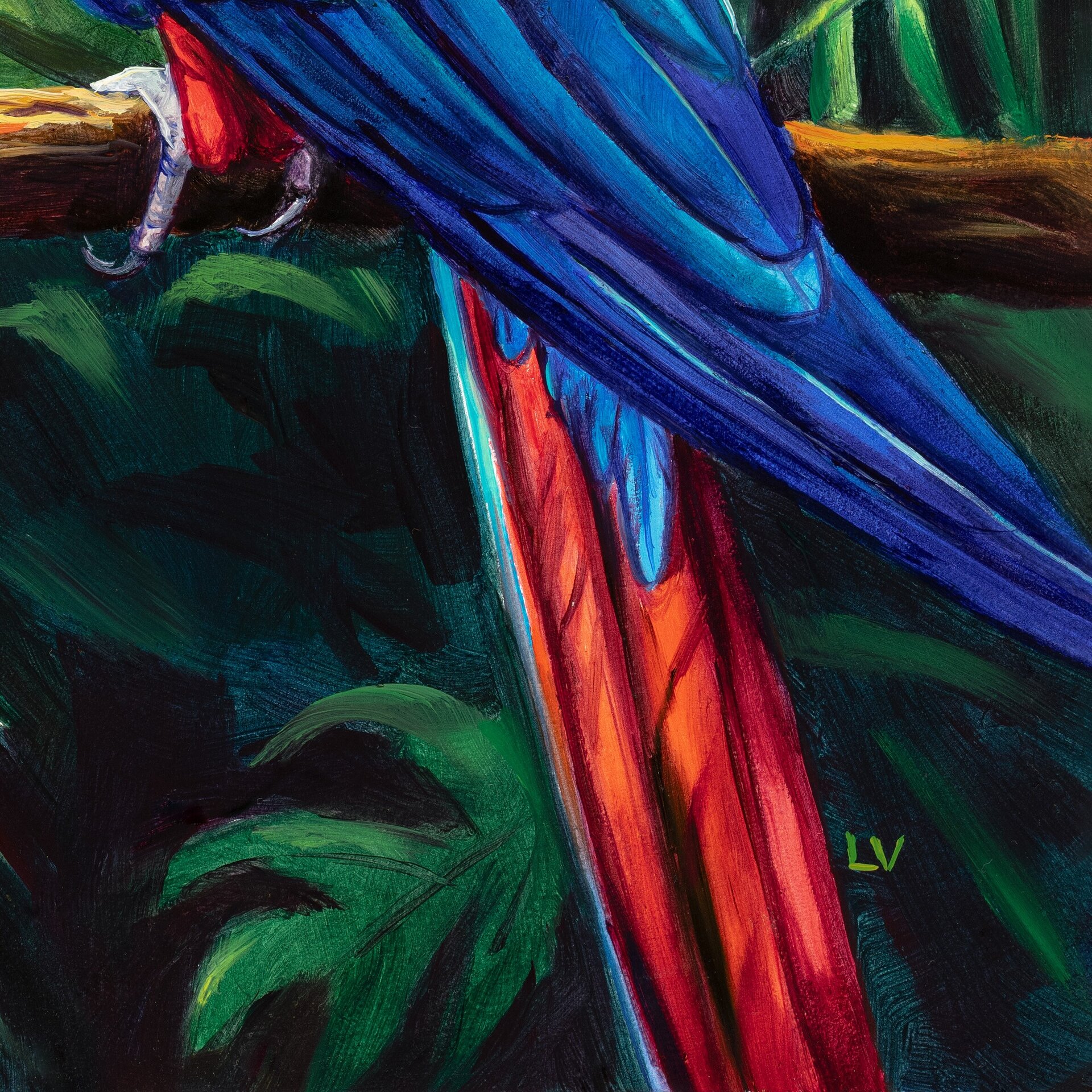 Cuadro de loro guacamayo rojo en la jungla, Pintura a óleo de animales salvajes - 11