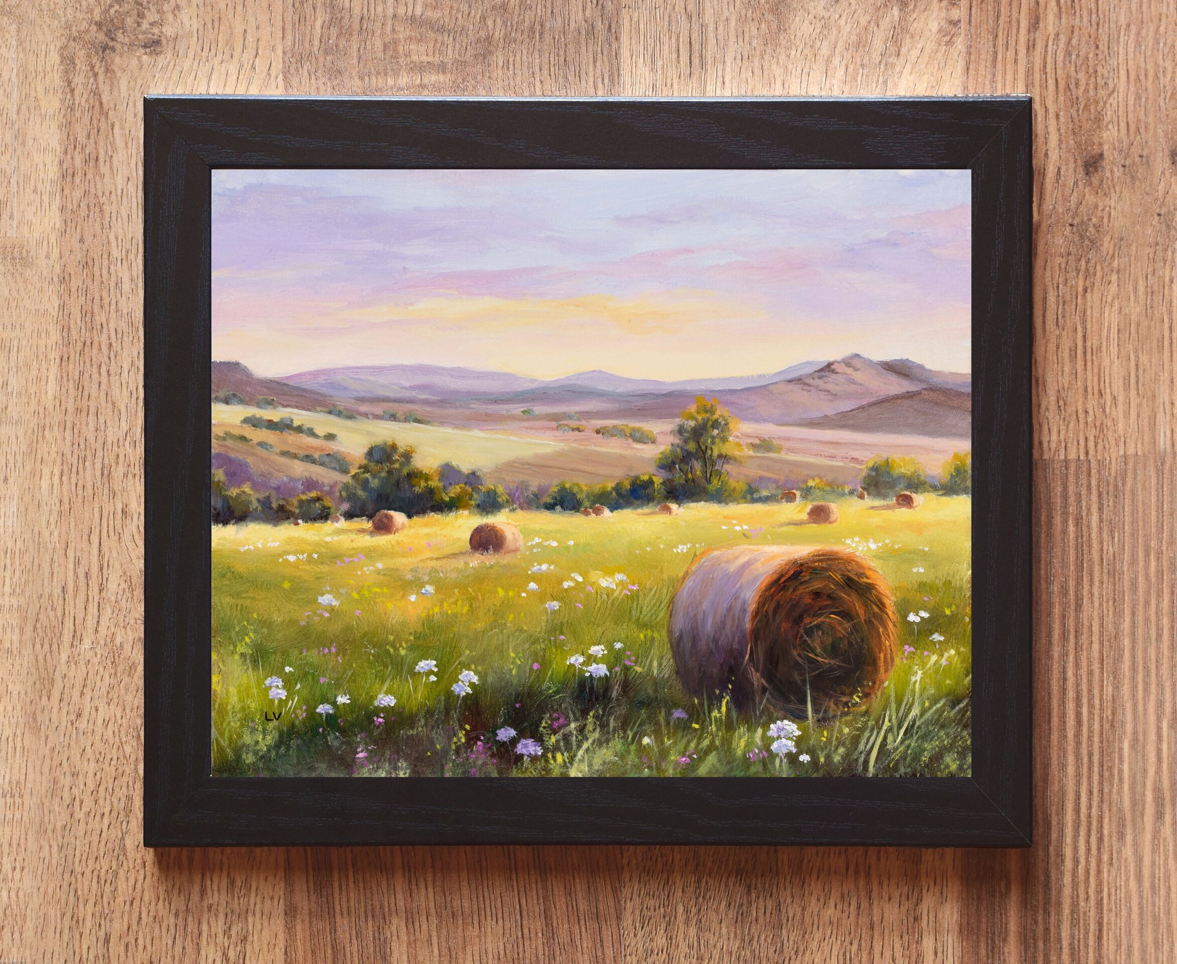Pintura rural de campo de cultivo con balas de heno y flores, Cosecha agrícola - 2