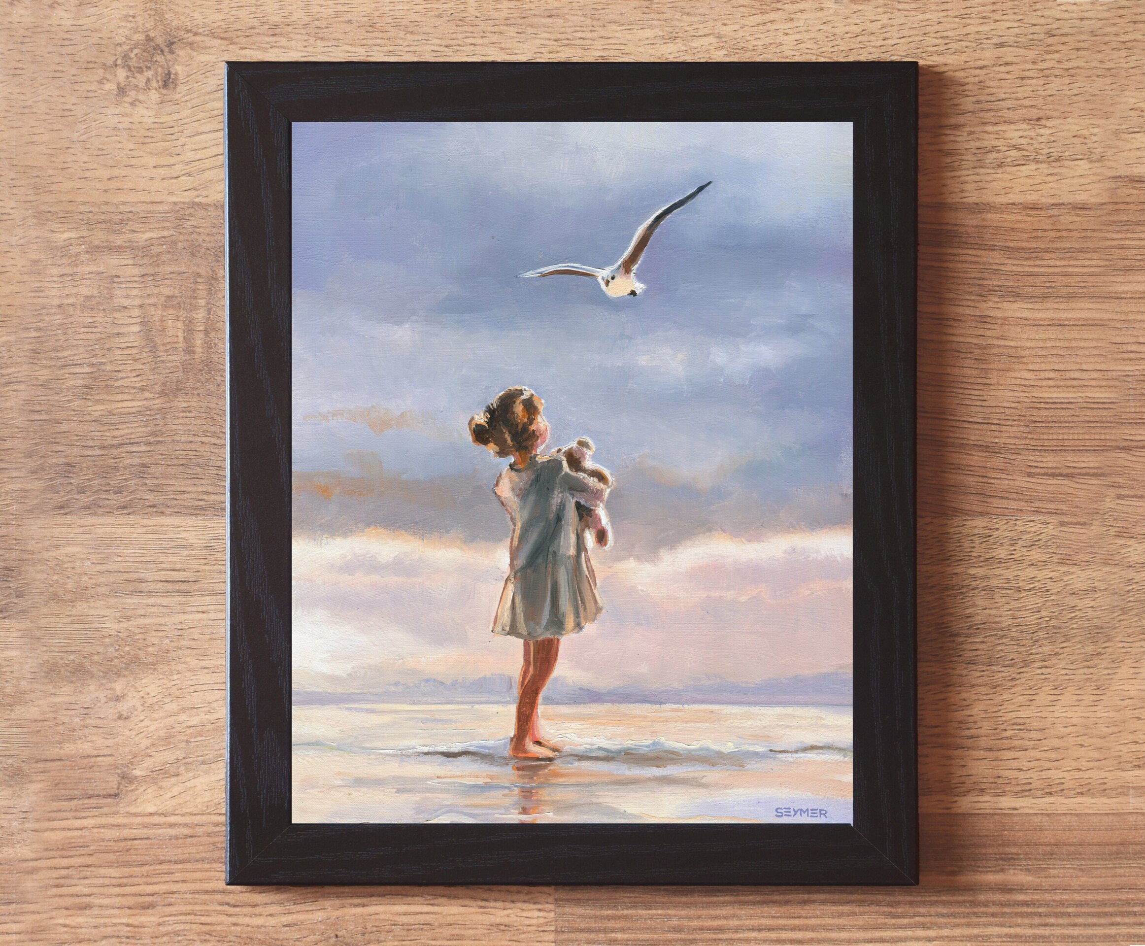 Pintura de niña en la playa con gaviota volando sobre el mar, Sentimiento de paz - 2