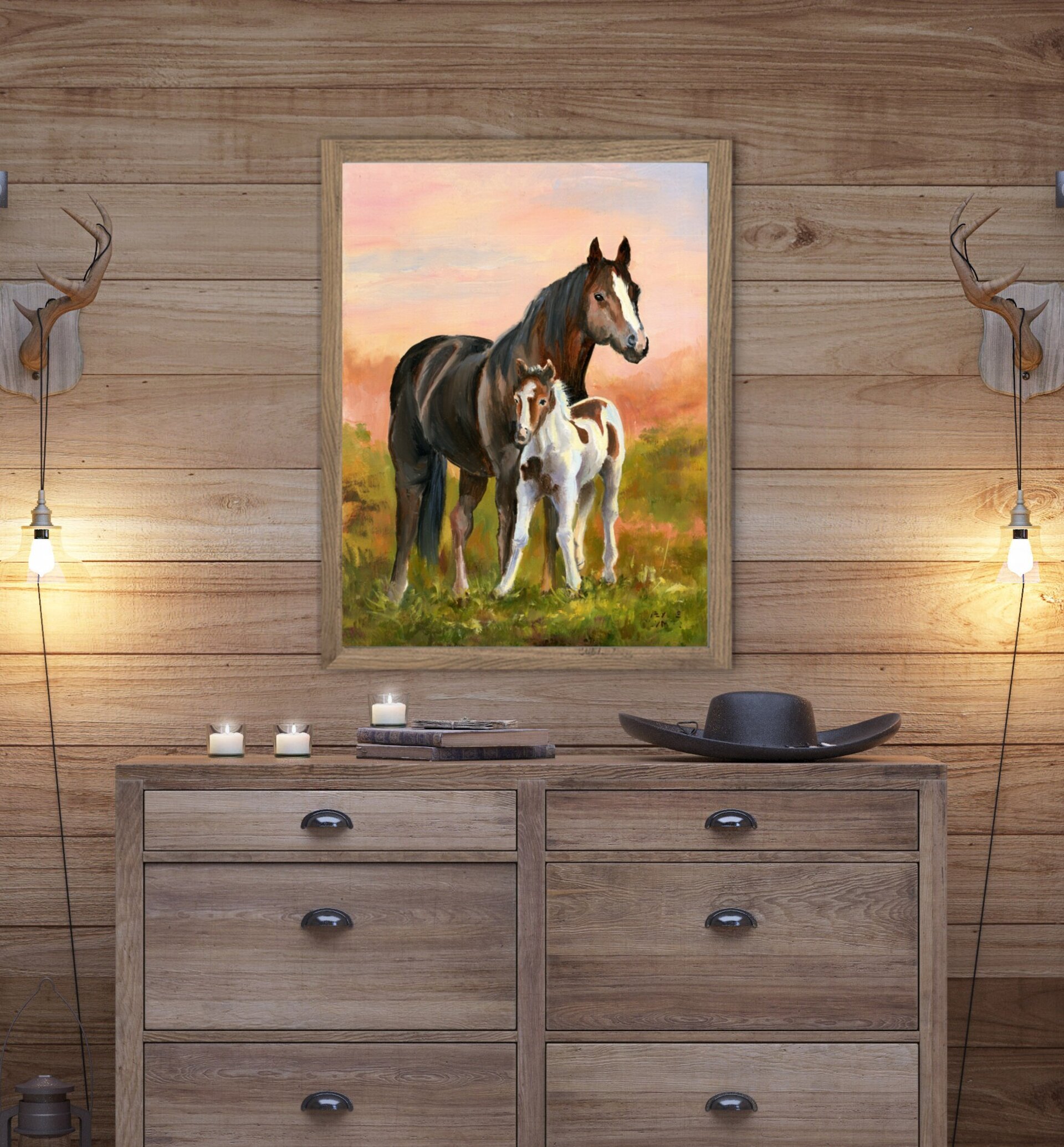 Yegua y potrillo al atardecer, Pintura cálida de serenidad, ternura y animales - 5