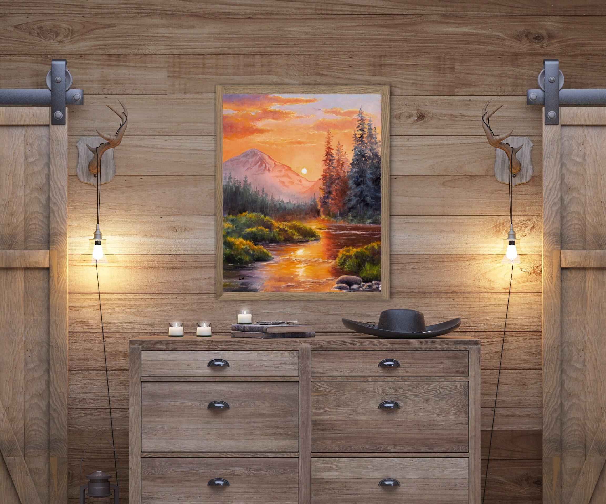 Río de montaña al atardecer con abetos, Paisaje de cielo vibrante, tonos cálidos - 7