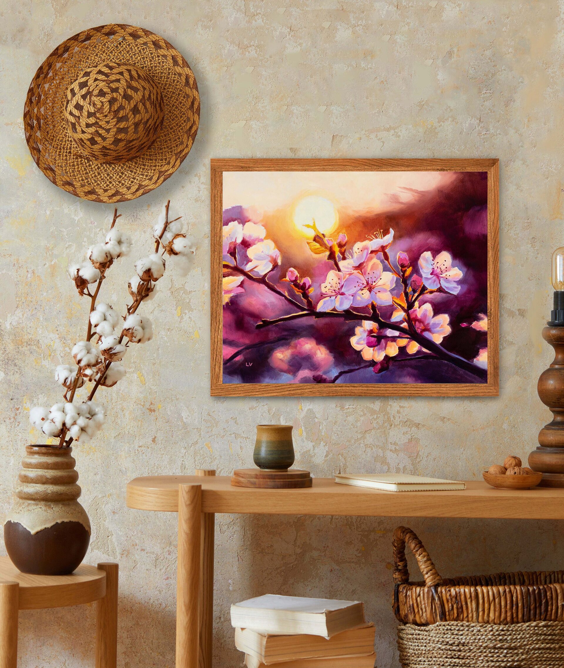 Pintura al óleo de cerezos en flor al atardecer, Cuadro floral rosa botánico - 11