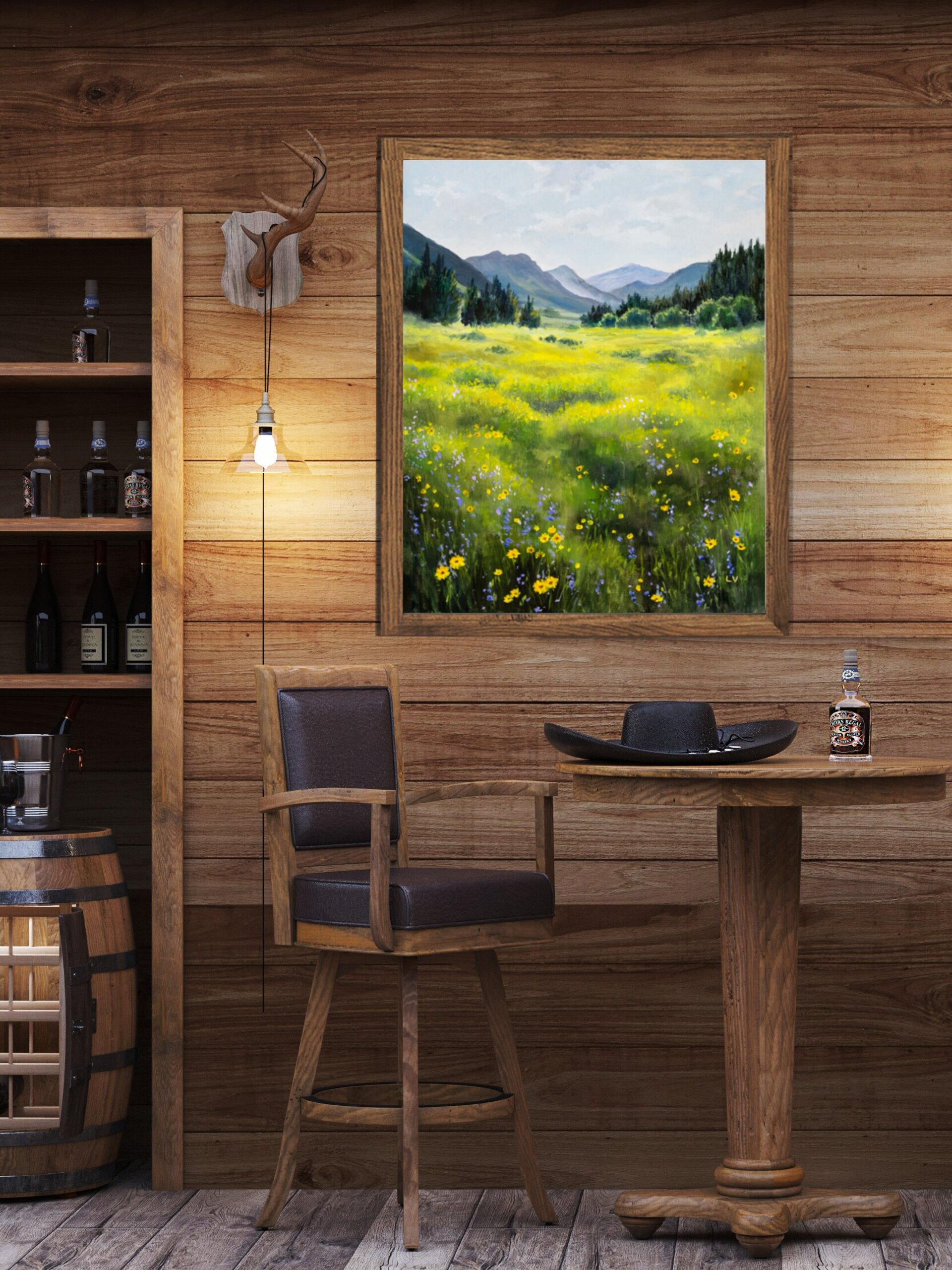 Pintura de paisaje de campo verde con flores amarillas y montañas en la lejanía - 6