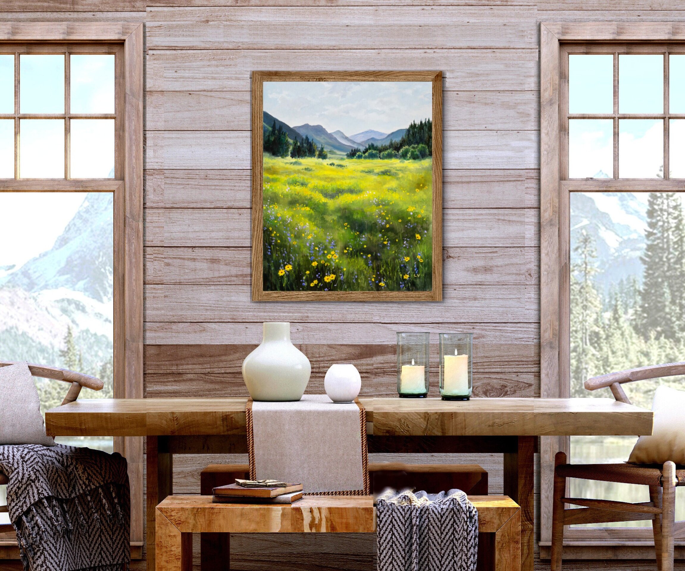 Pintura de paisaje de campo verde con flores amarillas y montañas en la lejanía - 11