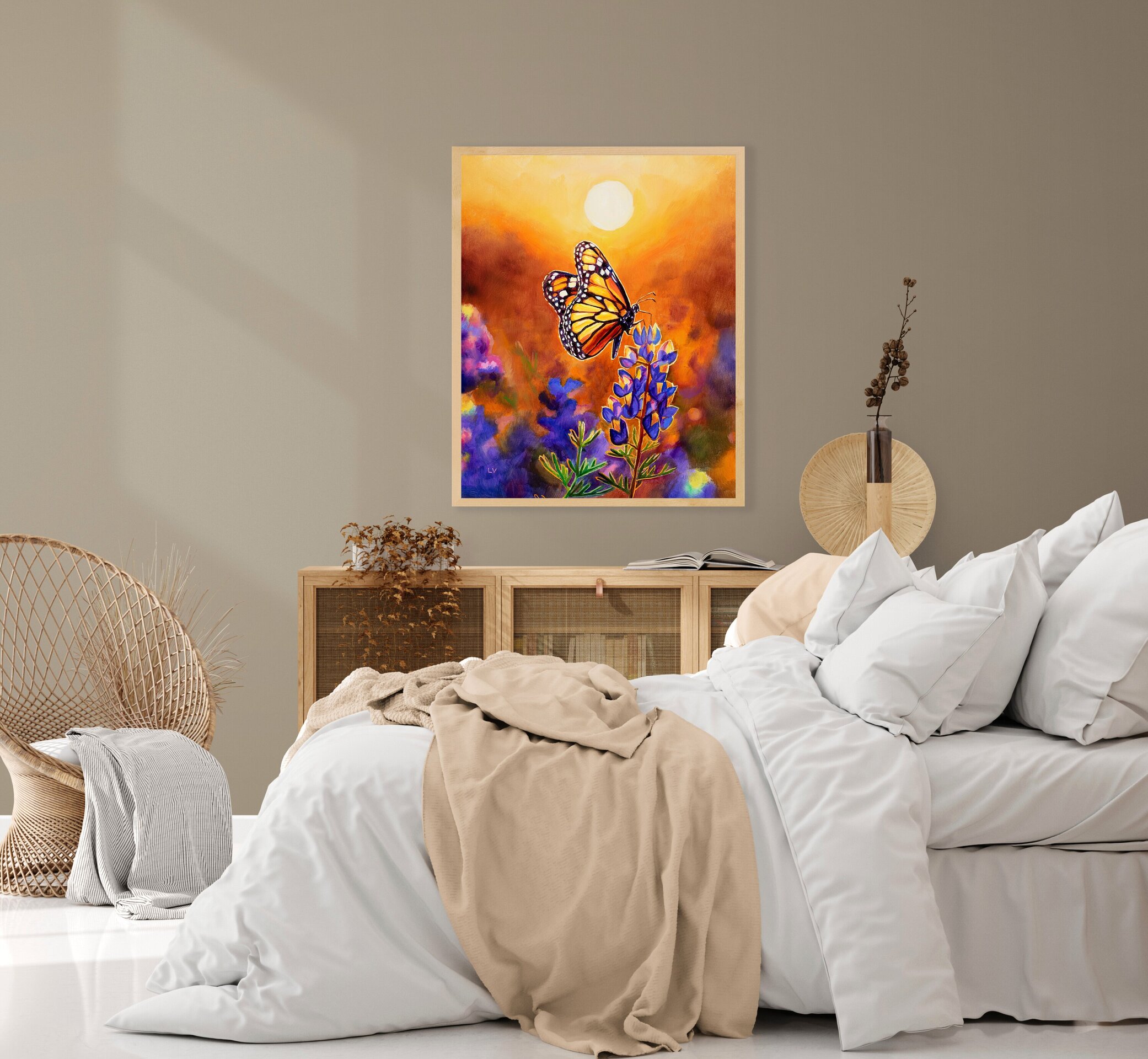 Cuadro al óleo de mariposa monarca sobre flores moradas al atardecer - 8