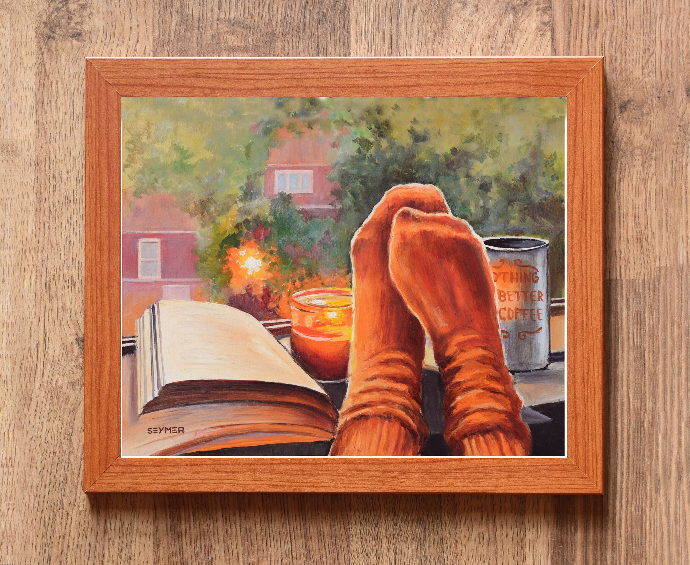 Pintura de un cálido hogar en otoño, un café, un libro y una vela en la ventana - 3