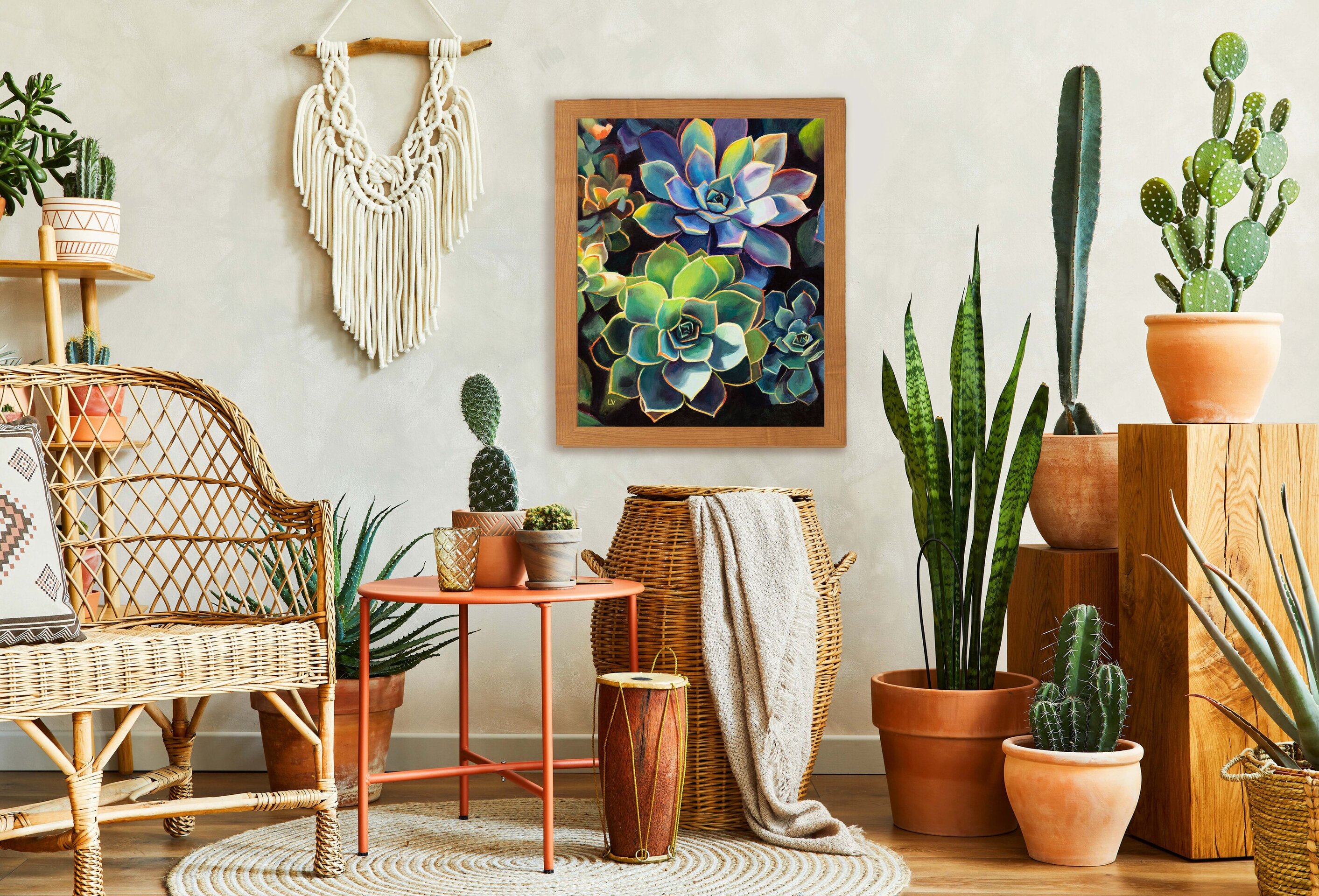 Coloridas plantas suculentas cuadro al óleo, Pintura boho floral de cactus - 5