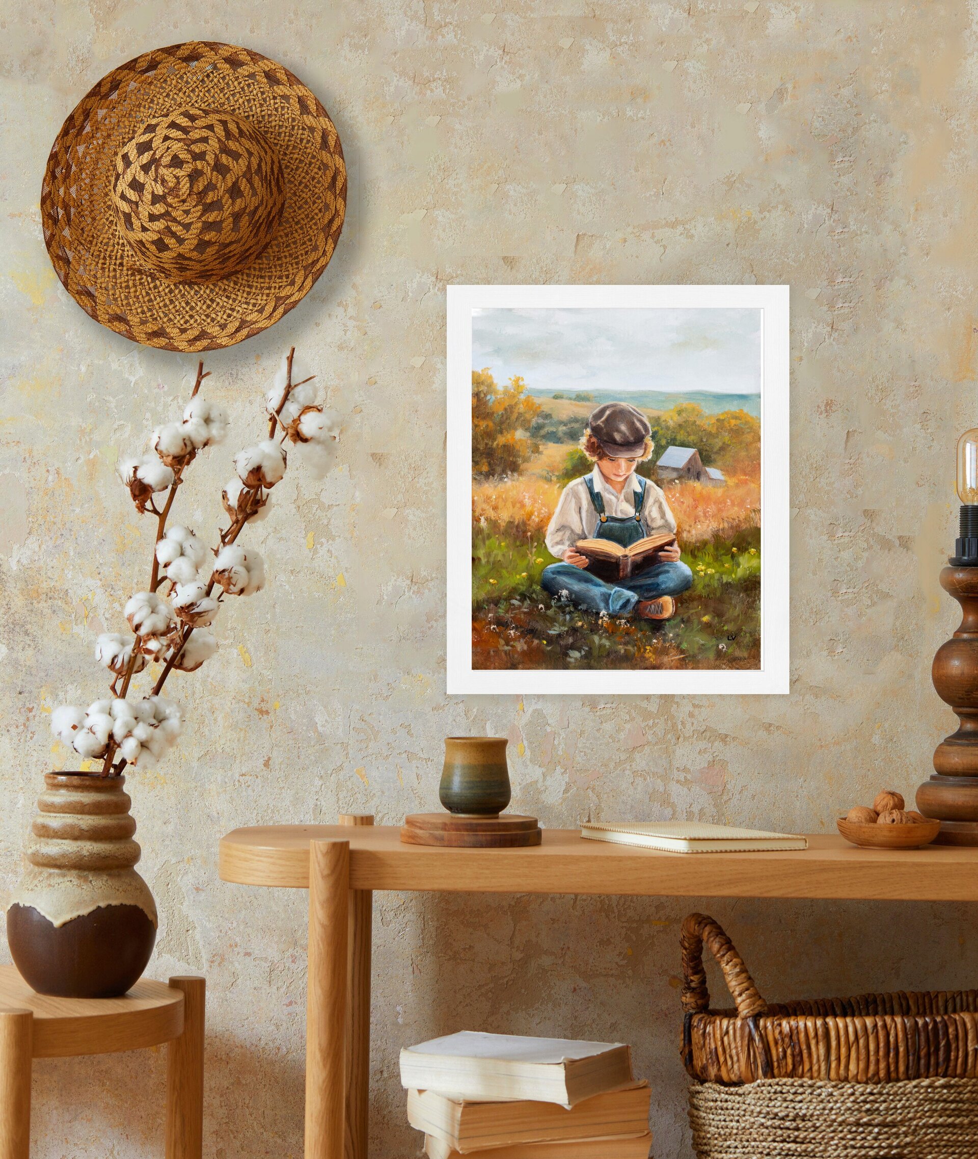 Pintura de niño campesino en la granja con un libro. Nostalgia de vida campestre - 10