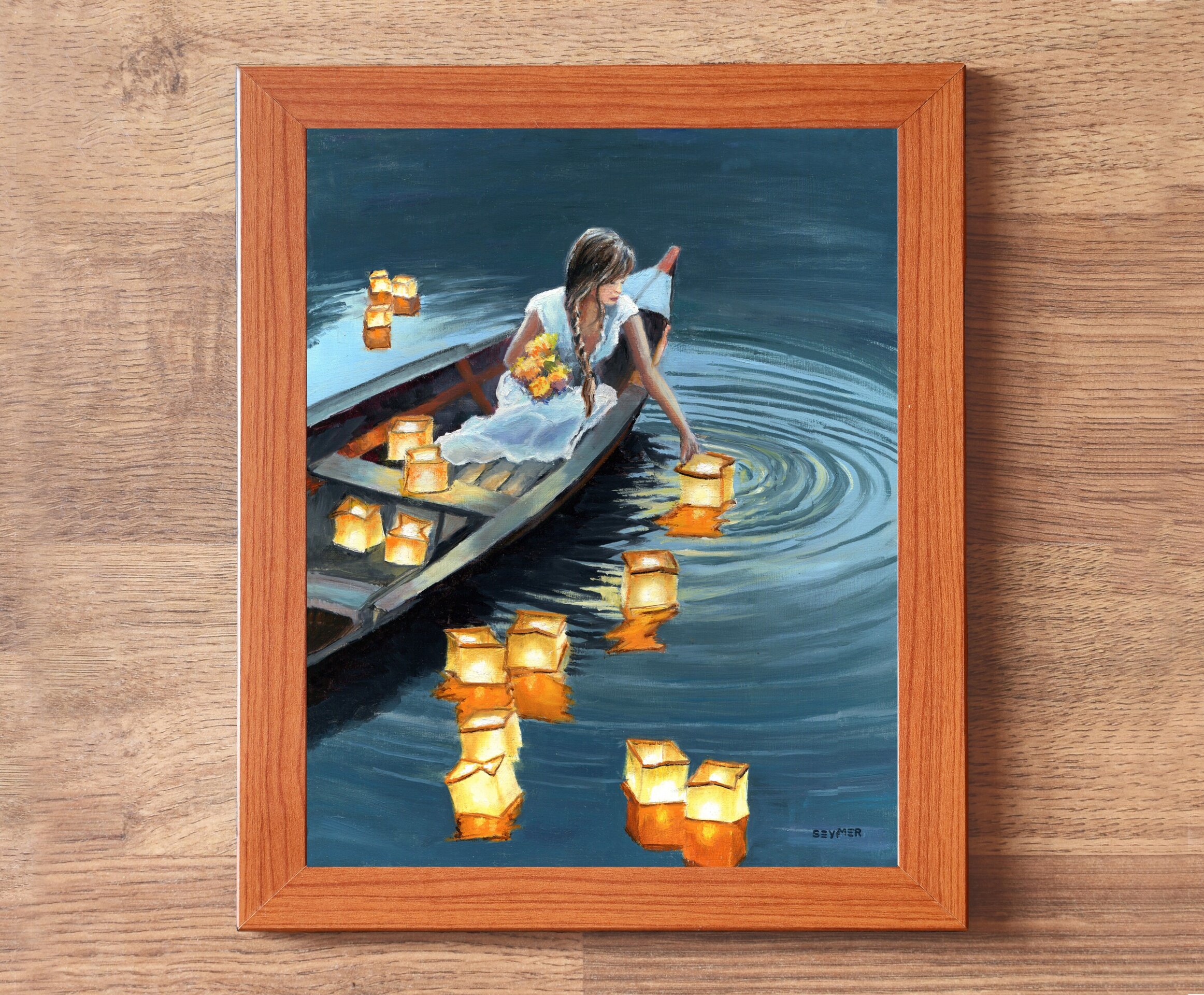 Pintura chica en barca con farolillos de luz en lago de noche, Amor, alma y paz - 3
