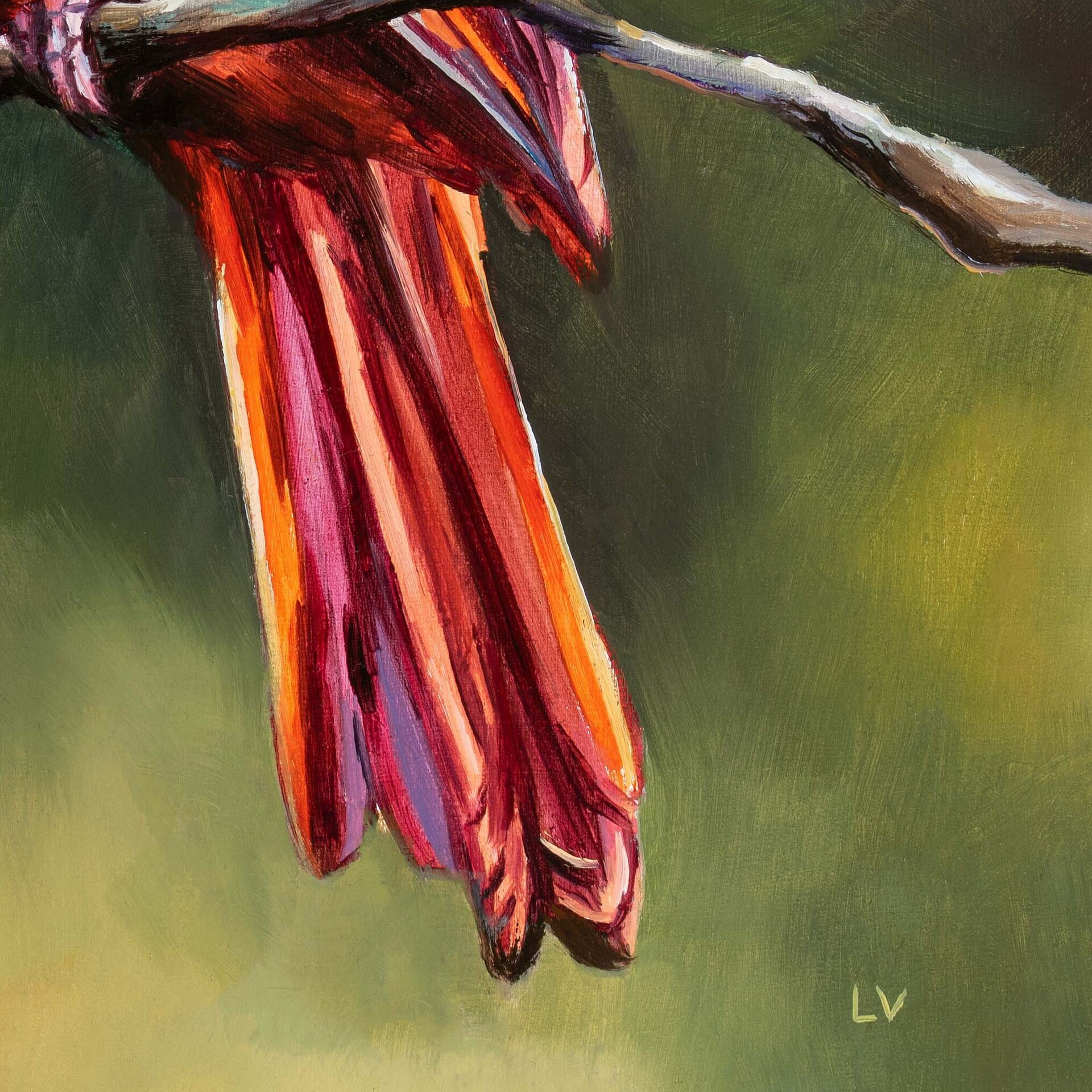 Retrato al óleo de un pajaro cardenal rojo sobre una rama, Pintura de animales - 11
