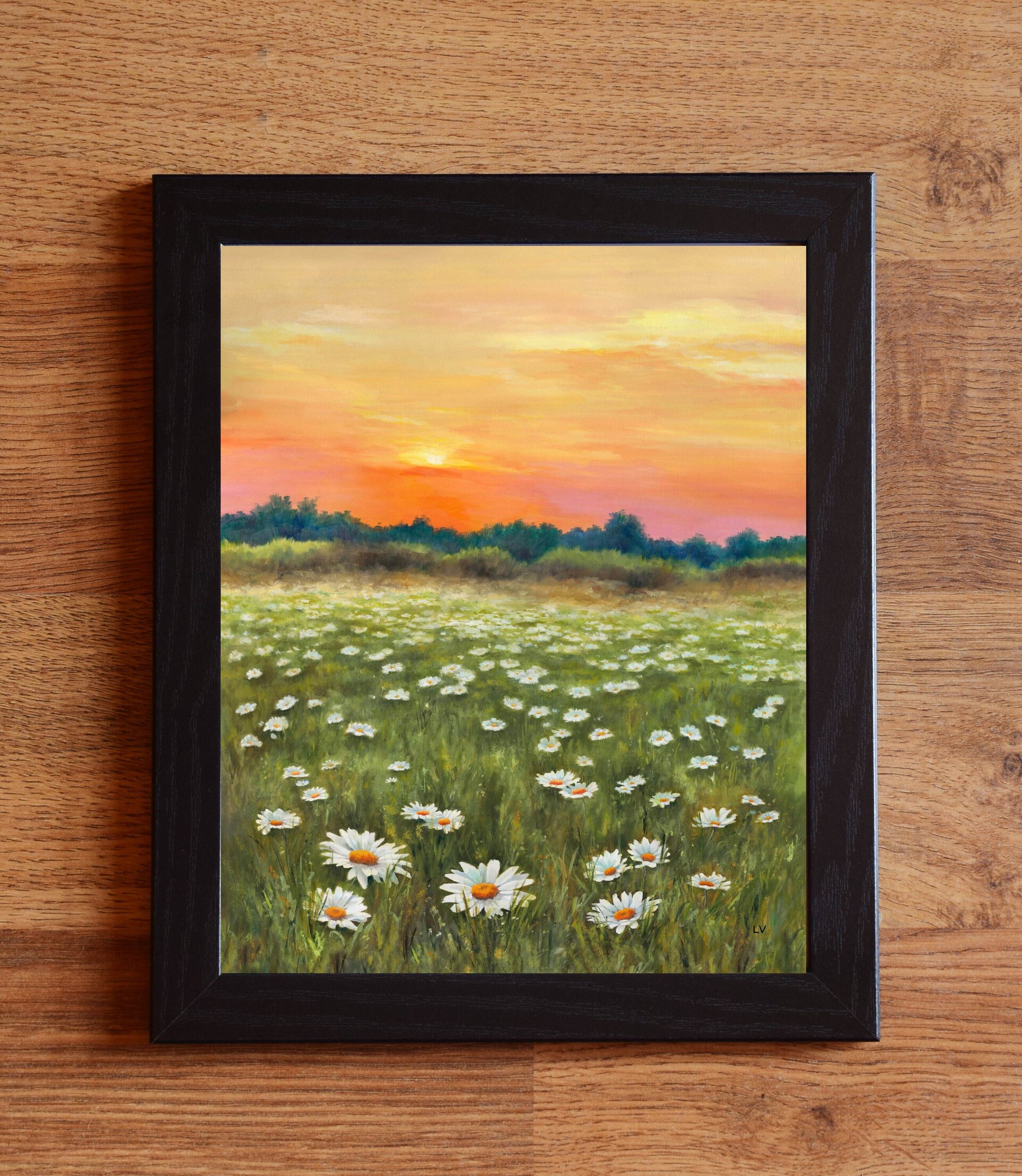 Pintura de campo de margaritas en puesta de sol, Paisaje de flores en primavera - 2