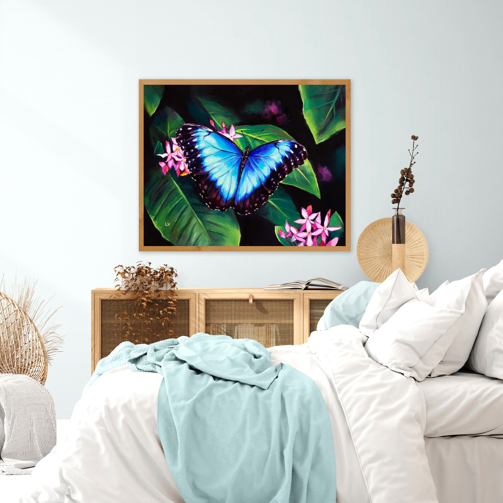 Cuadro de mariposa azul morpho sobre flores rosa, Pintura al óleo insecto jardín - 5