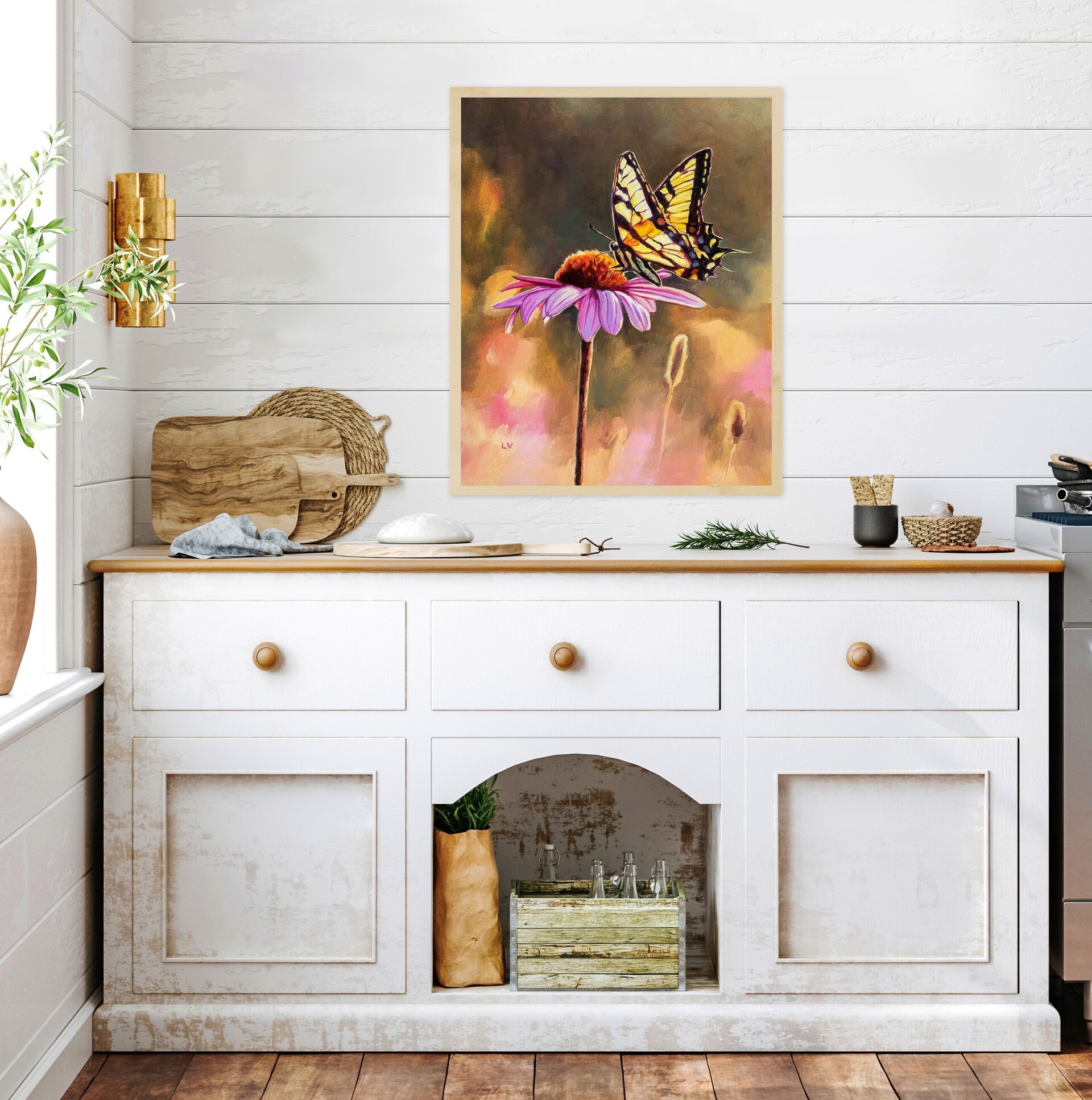 Cuadro al óleo de mariposa papilio sobre una margarita rosa, Ilustración insecto - 15