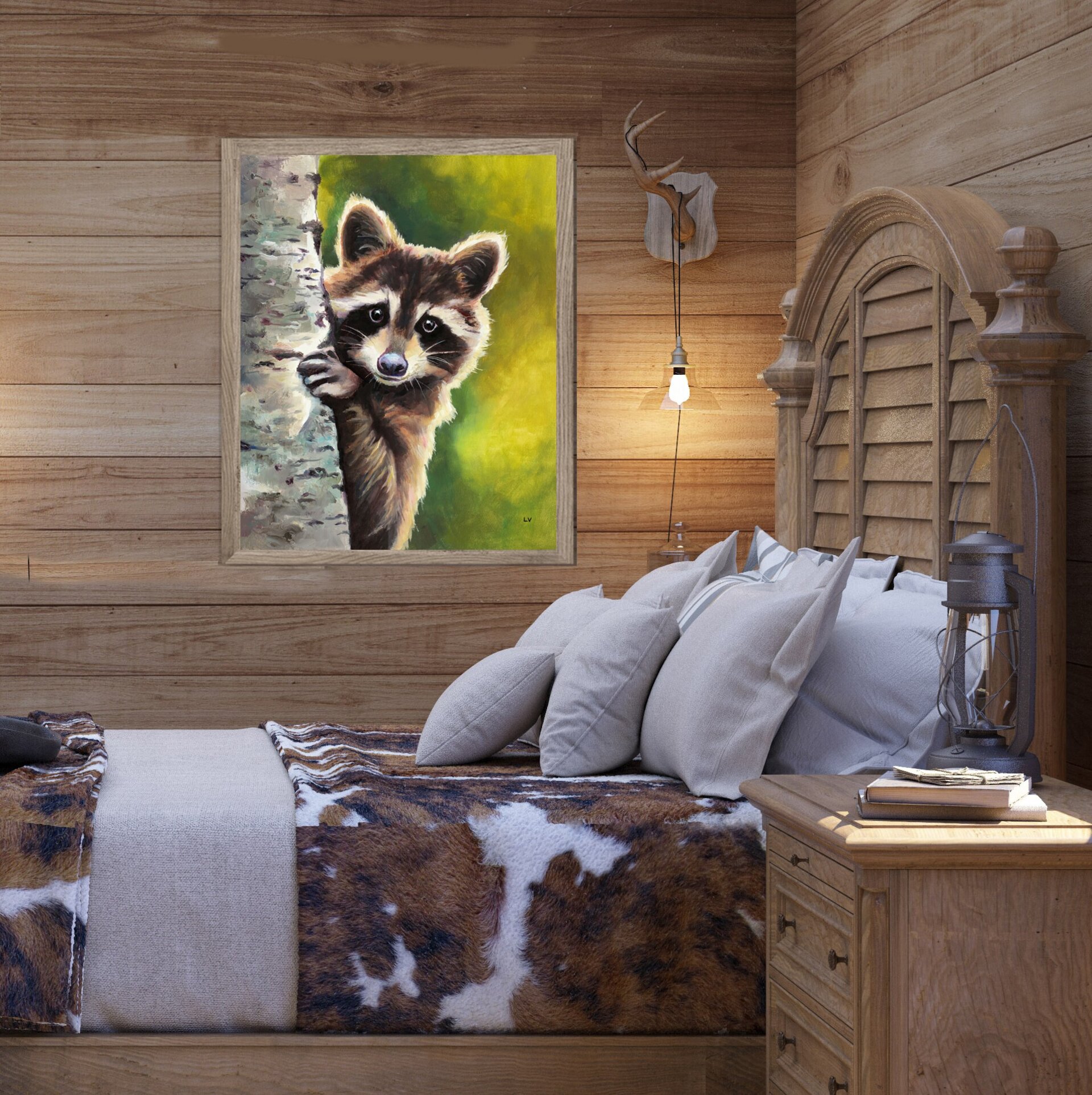 Retrato al óleo de un mapache asomado en un tronco, Pintura realista de animales - 9