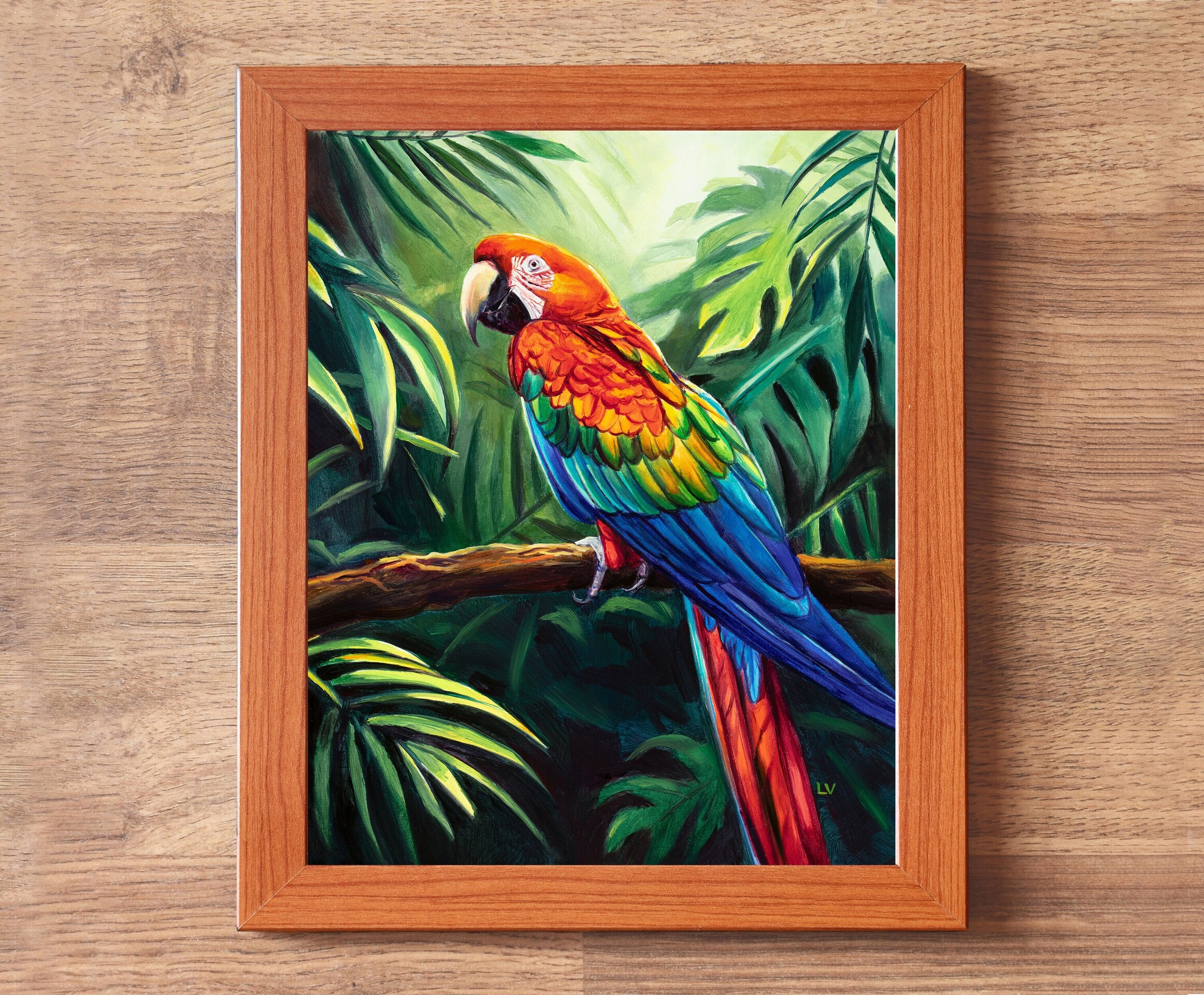 Cuadro de loro guacamayo rojo en la jungla, Pintura a óleo de animales salvajes - 3