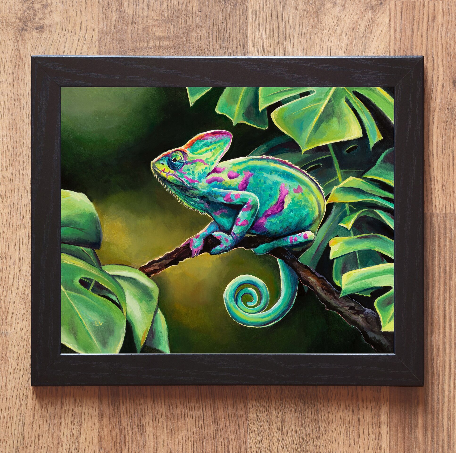 Cuadro al óleo de camaleón verde en la selva, Pintura realista animales salvajes - 2