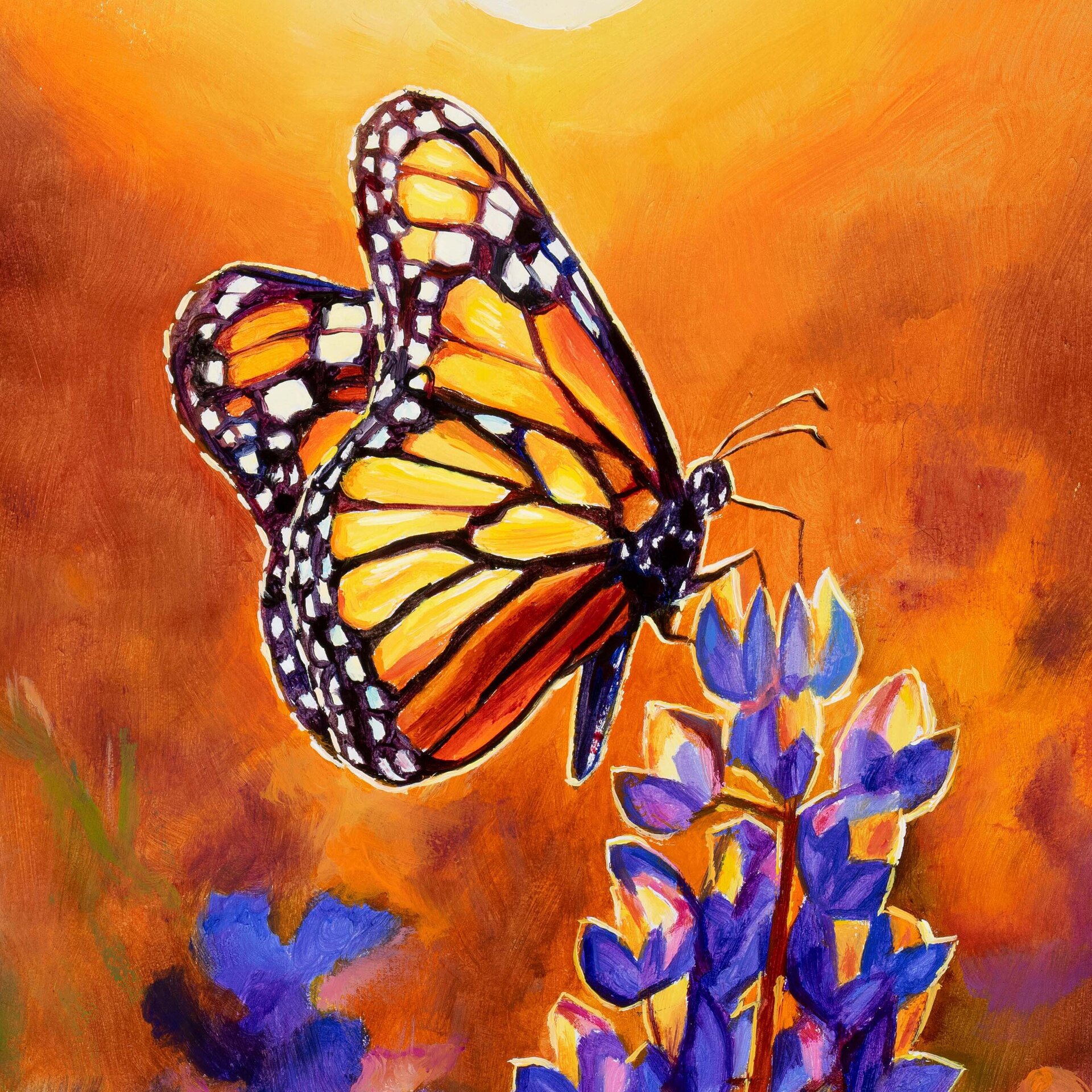 Cuadro al óleo de mariposa monarca sobre flores moradas al atardecer - 6