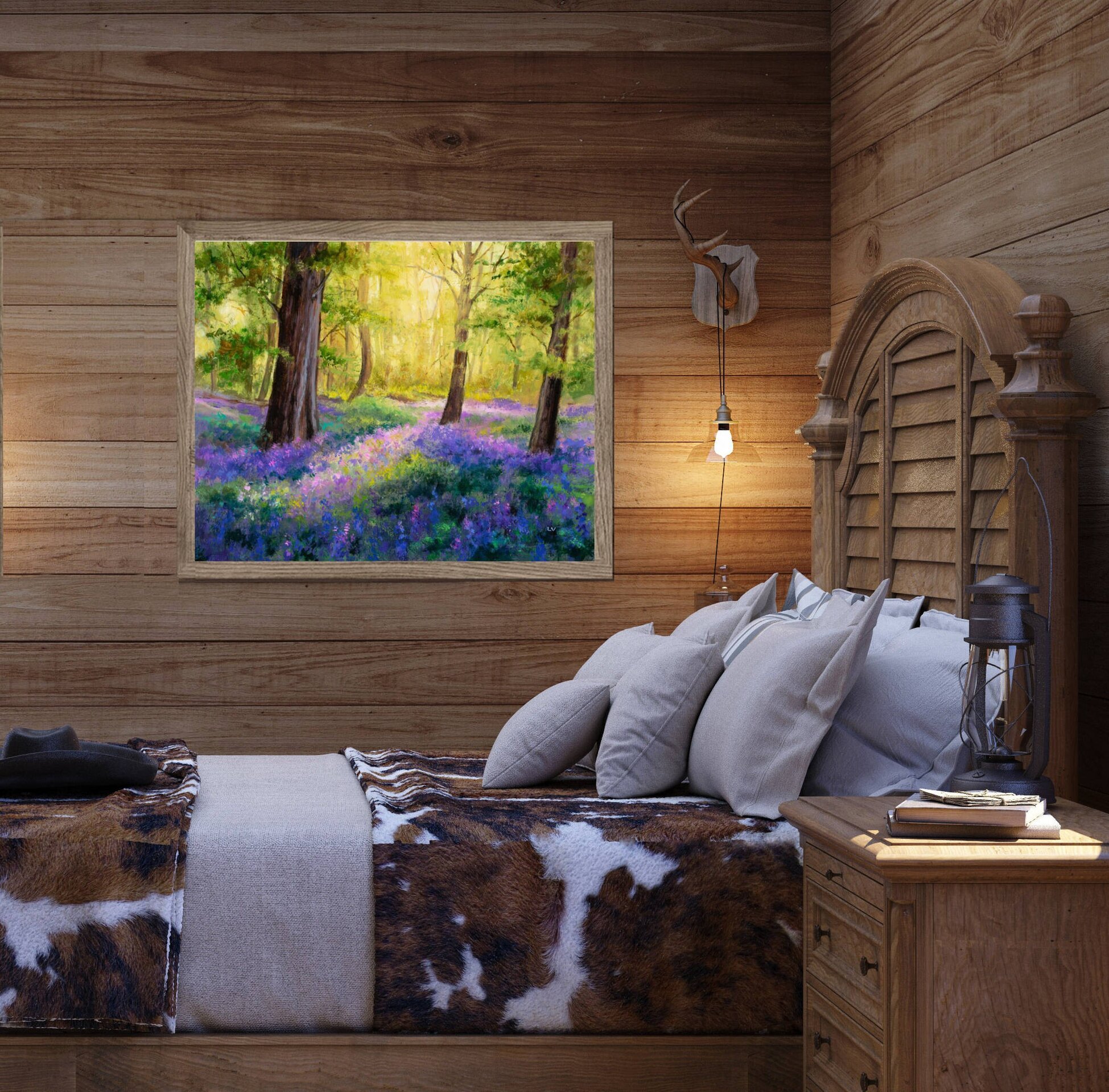 Pintura de campanillas azules en un bosque de hayas con luz entre los árboles - 12
