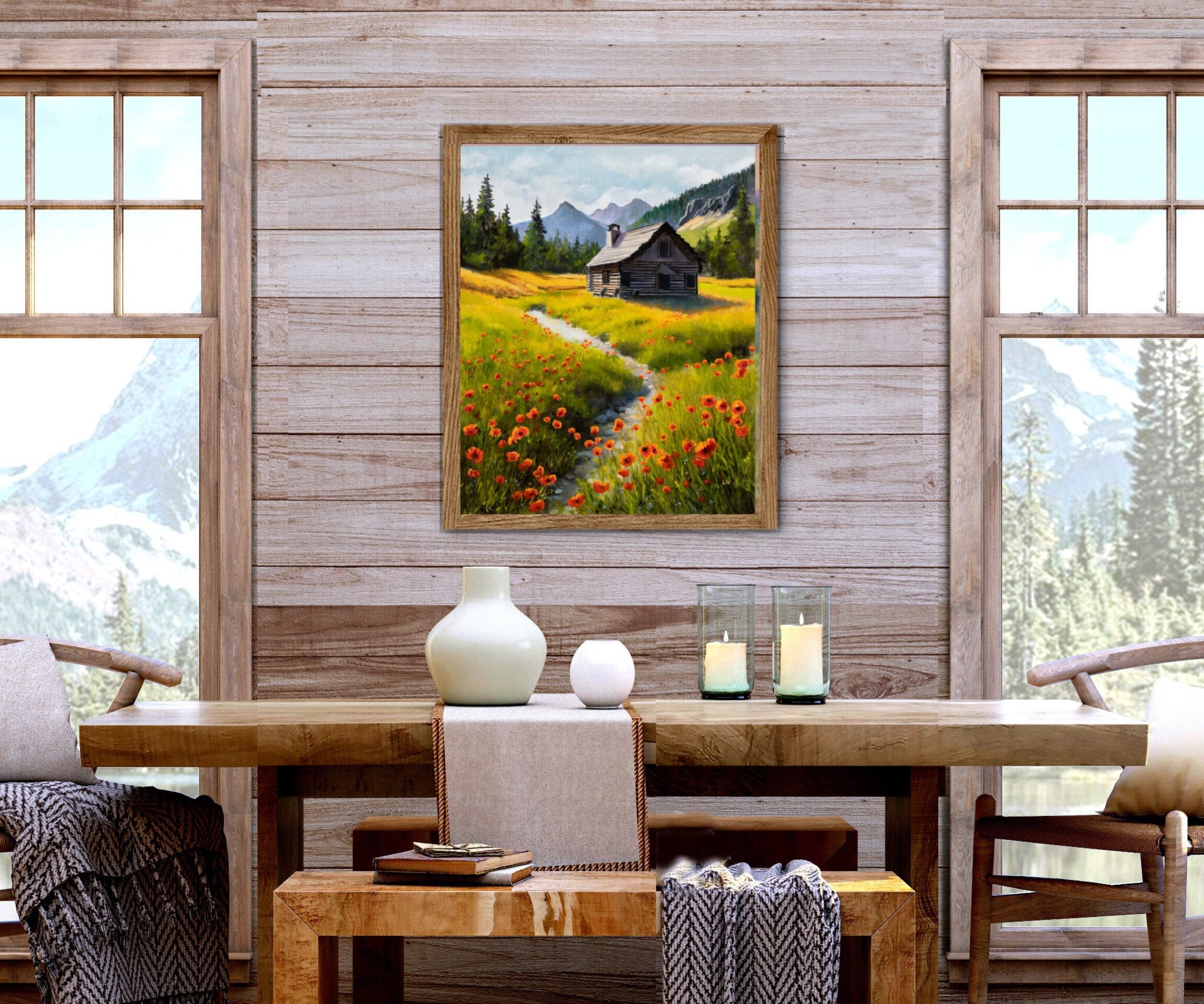 Pintura de paisaje de montaña, amapolas rojas con cabaña de madera, río y abetos - 9