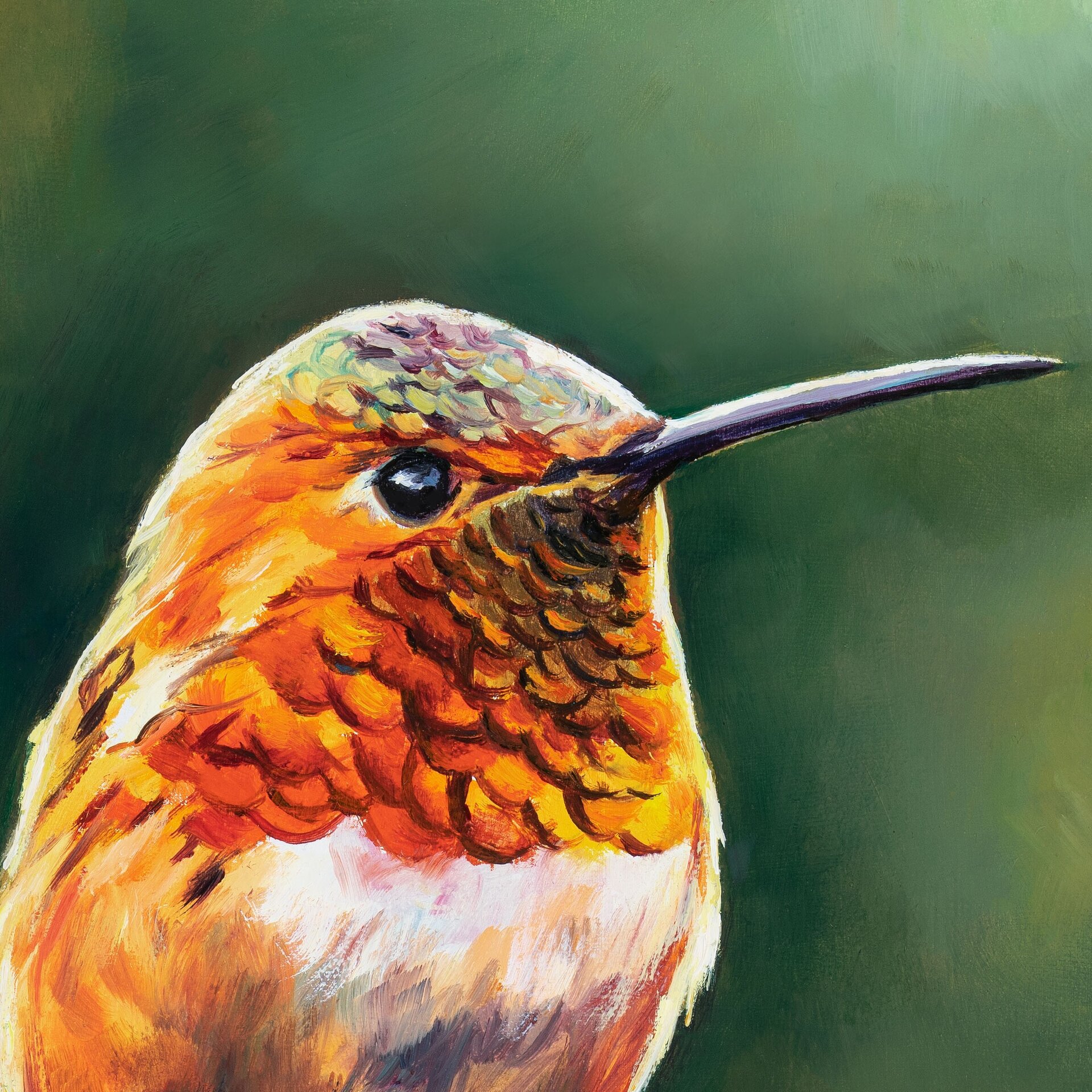 Pintura de colibrí naranja posado en un árbol, Retrato de vida silvestre animal - 6