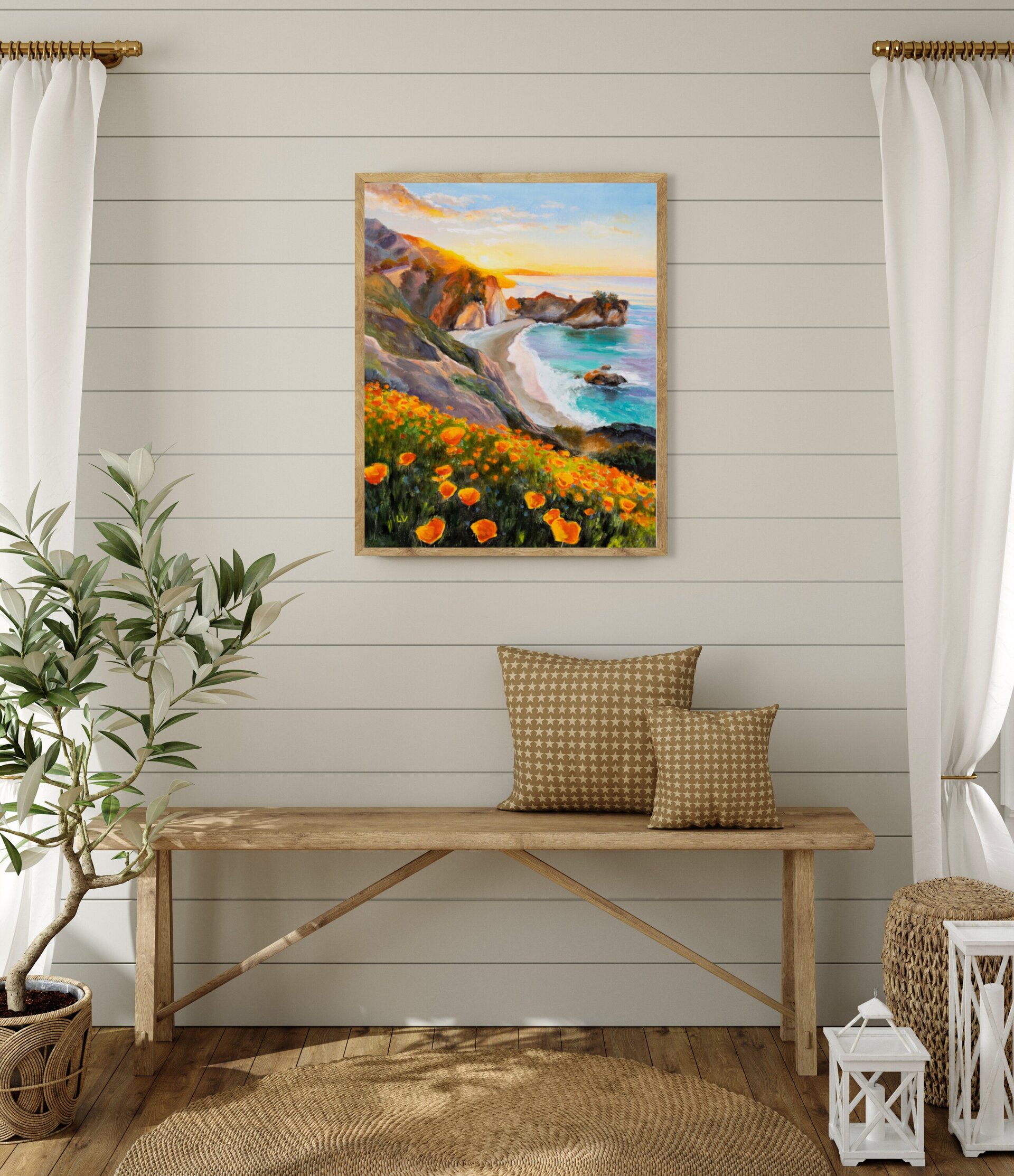 Pintura de playa de California, Mar de agua turquesa con rocas en puesta de sol - 9