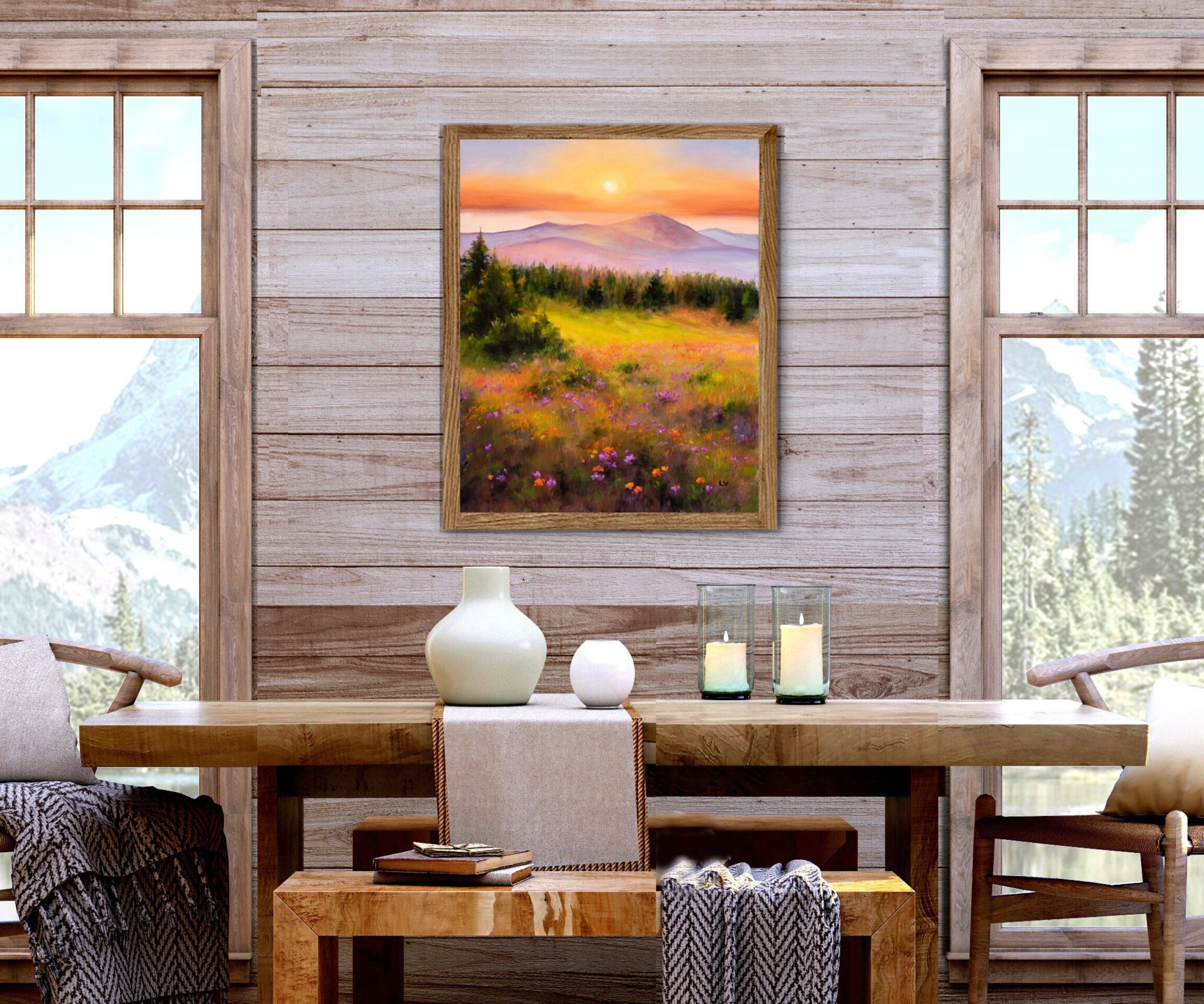 Montañas brumosas en puesta de sol con verde pradera, abetos y flores de colores - 7