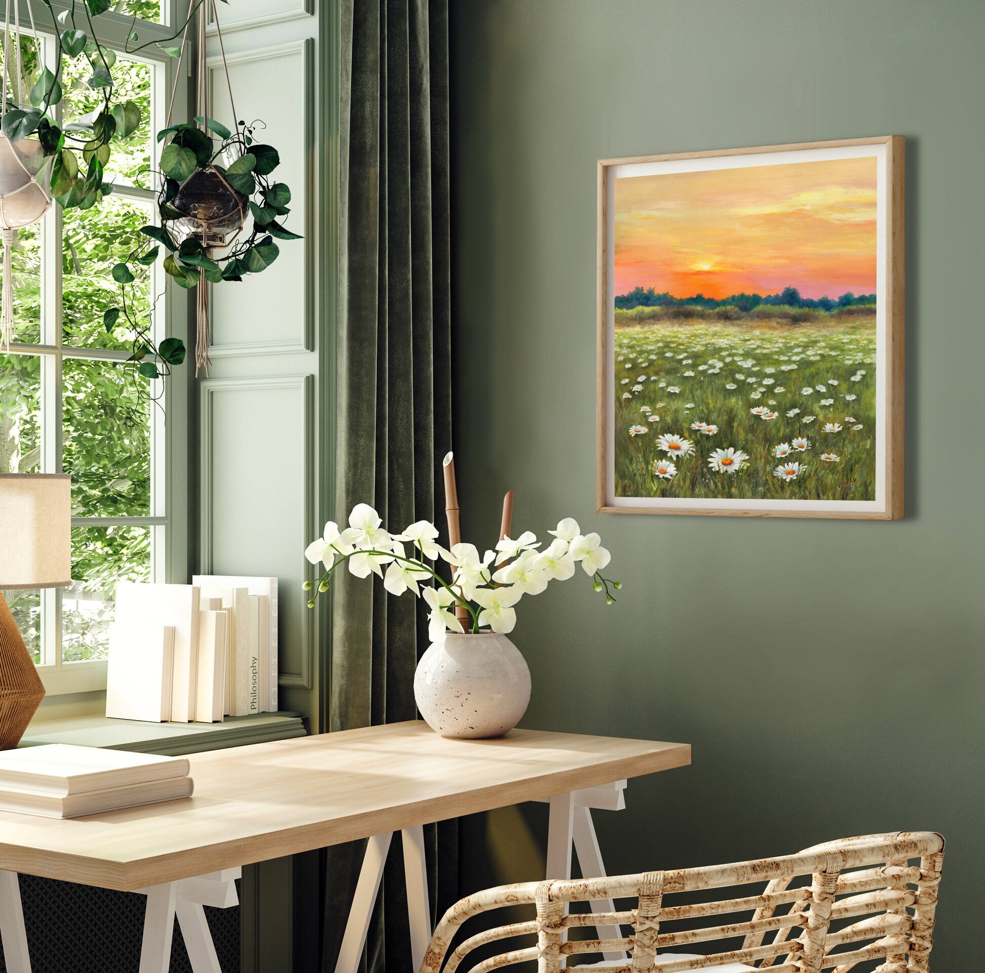 Pintura de campo de margaritas en puesta de sol, Paisaje de flores en primavera - 6