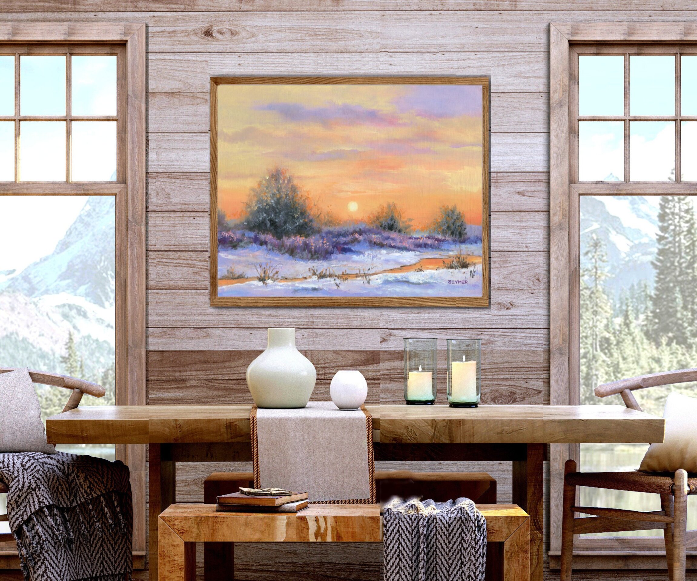 Paisaje de invierno con nieve y río de colores suaves, Cielo cálido al amanecer - 5