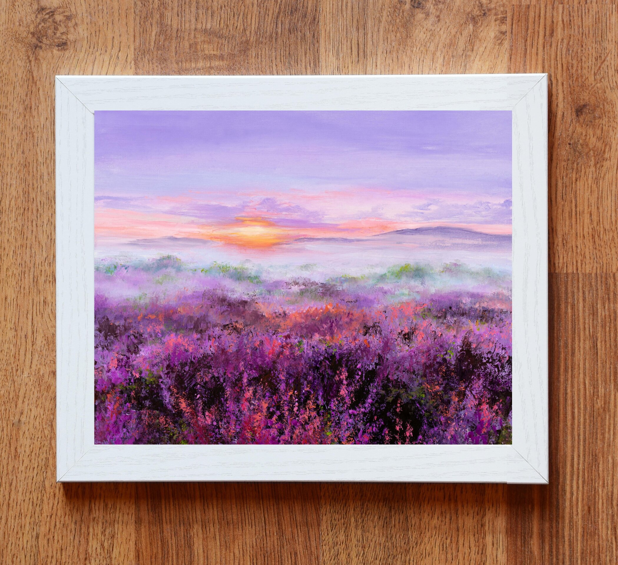 Pintura de campo de lavanda con tonos morados y rosa, flores en colores suaves - 4