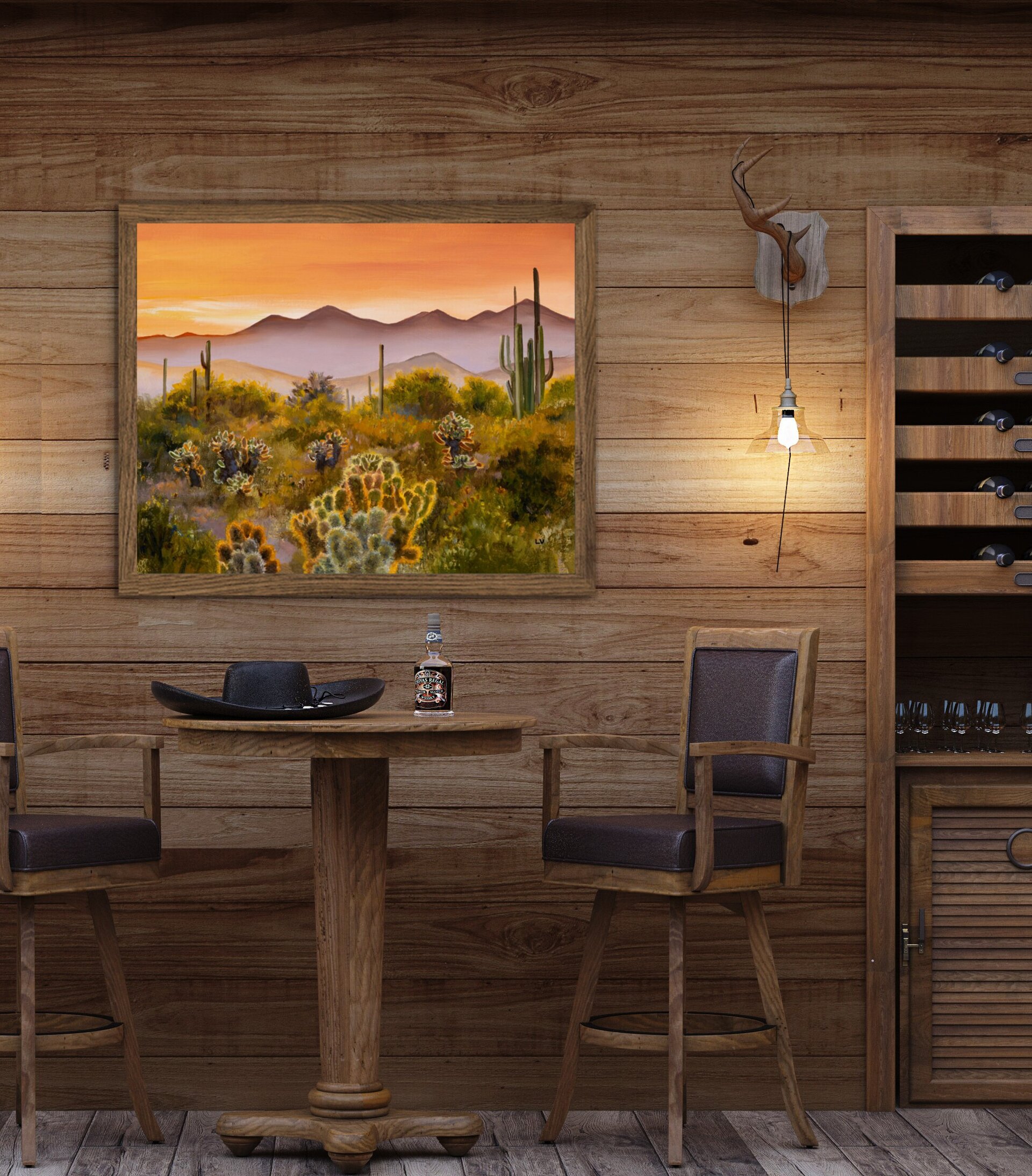 Suave pintura de desierto en tonos cálidos con cactus y paisaje árido y montañas - 10