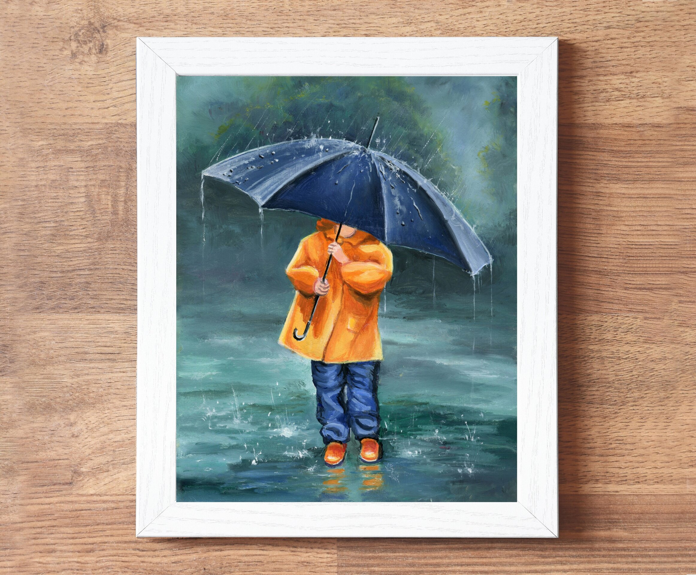 Niña con paraguas e impermeable en día de lluvia con charcos, pintura infantil - 4