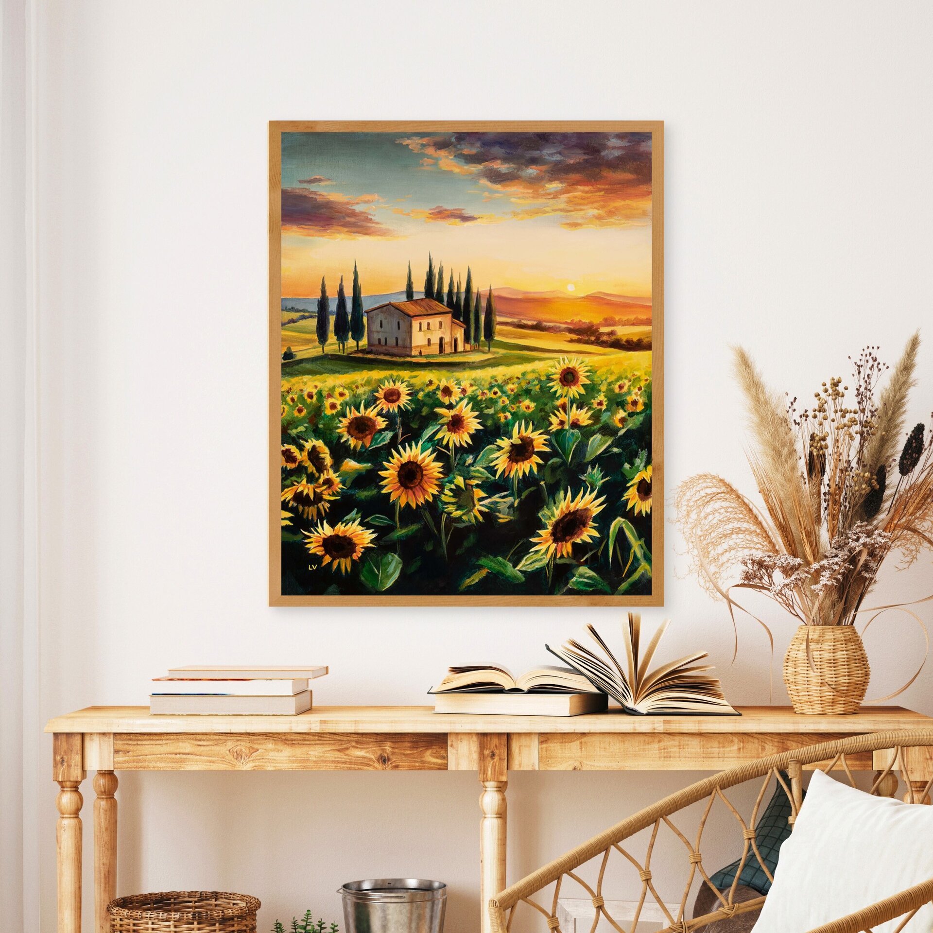 Cuadro al óleo de un paisaje de campo de girasoles en la Toscana al atardecer - 9