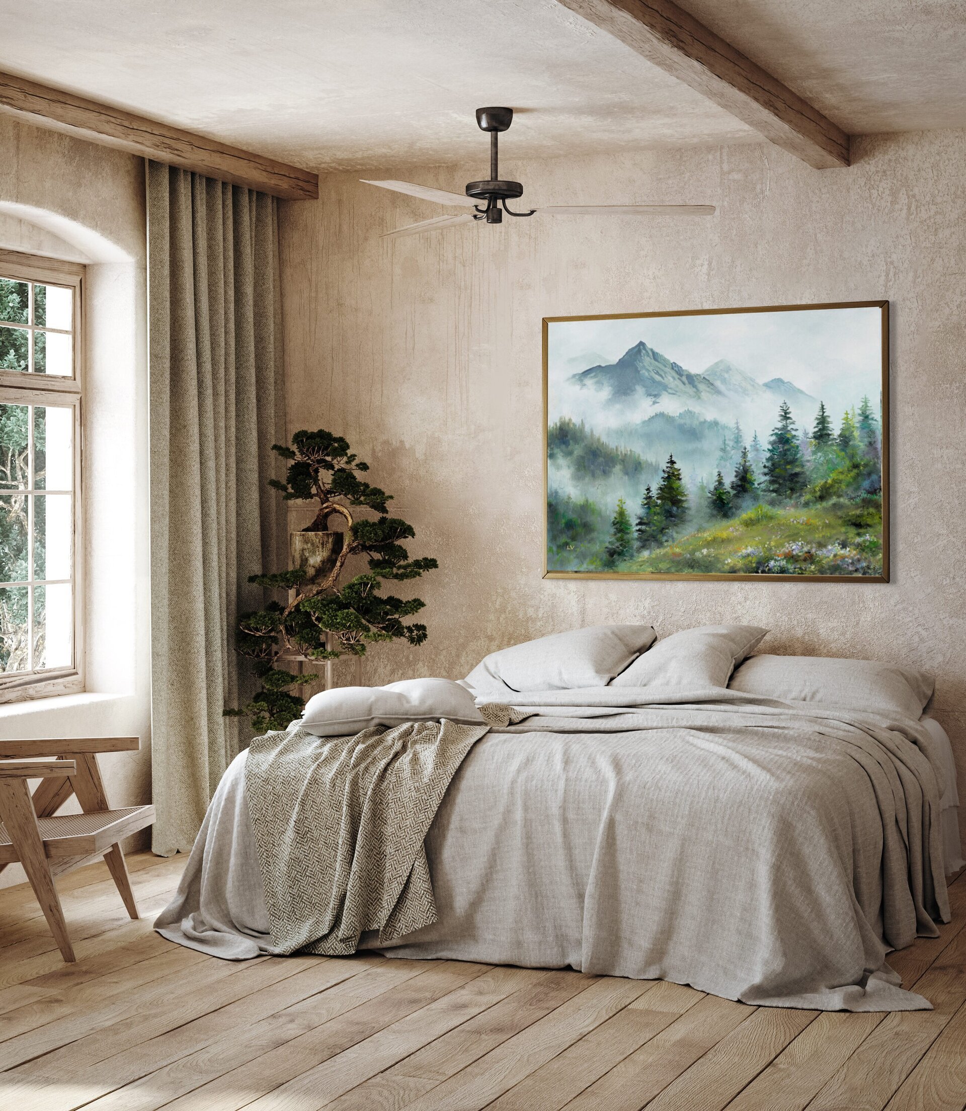 Montañas y abetos con niebla en paisaje de invierno, pintura en tonos azules - 5