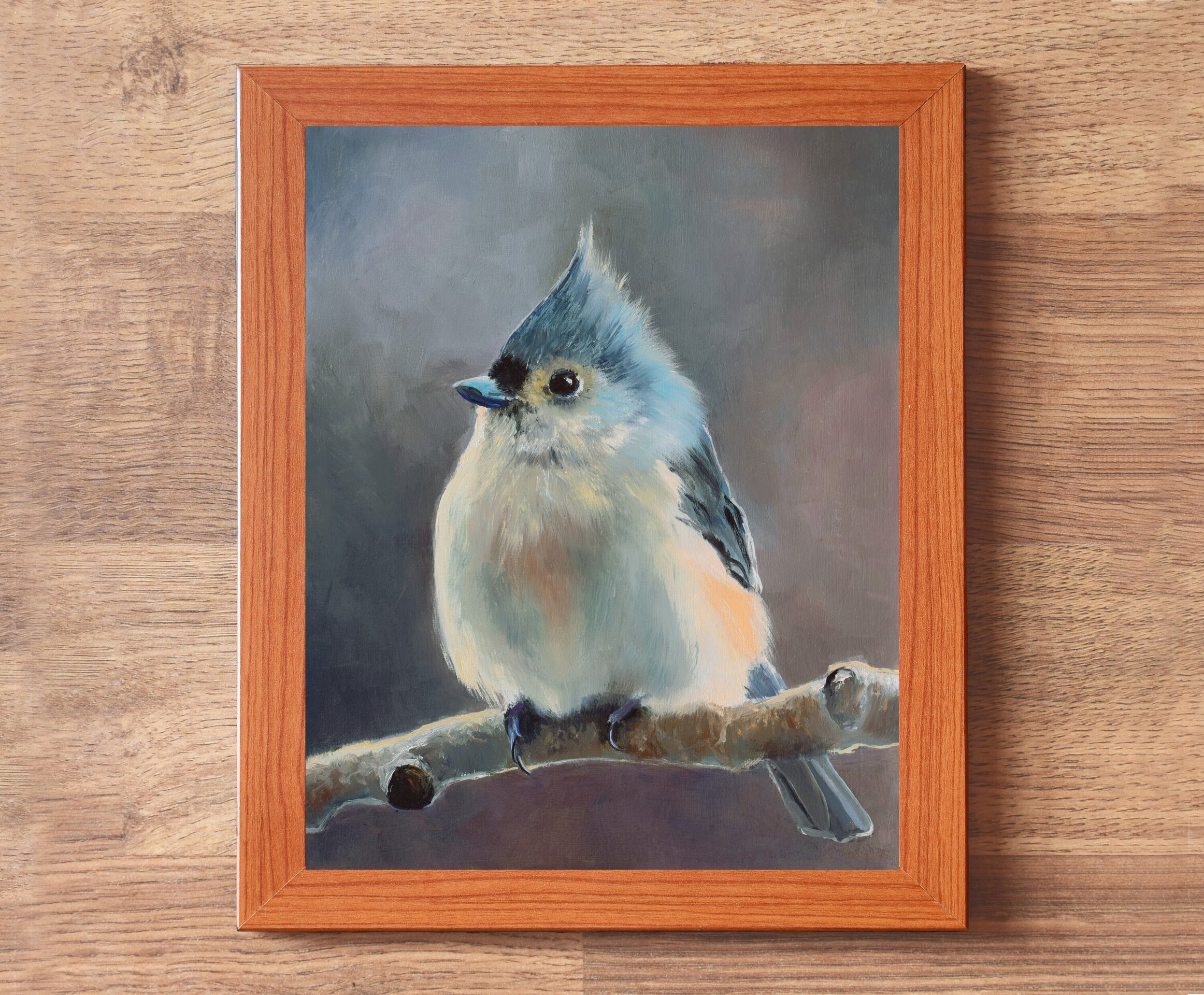 Óleo de pájaro herrerillo azul sobre rama árbol, Pintura realista de ornitologia - 3