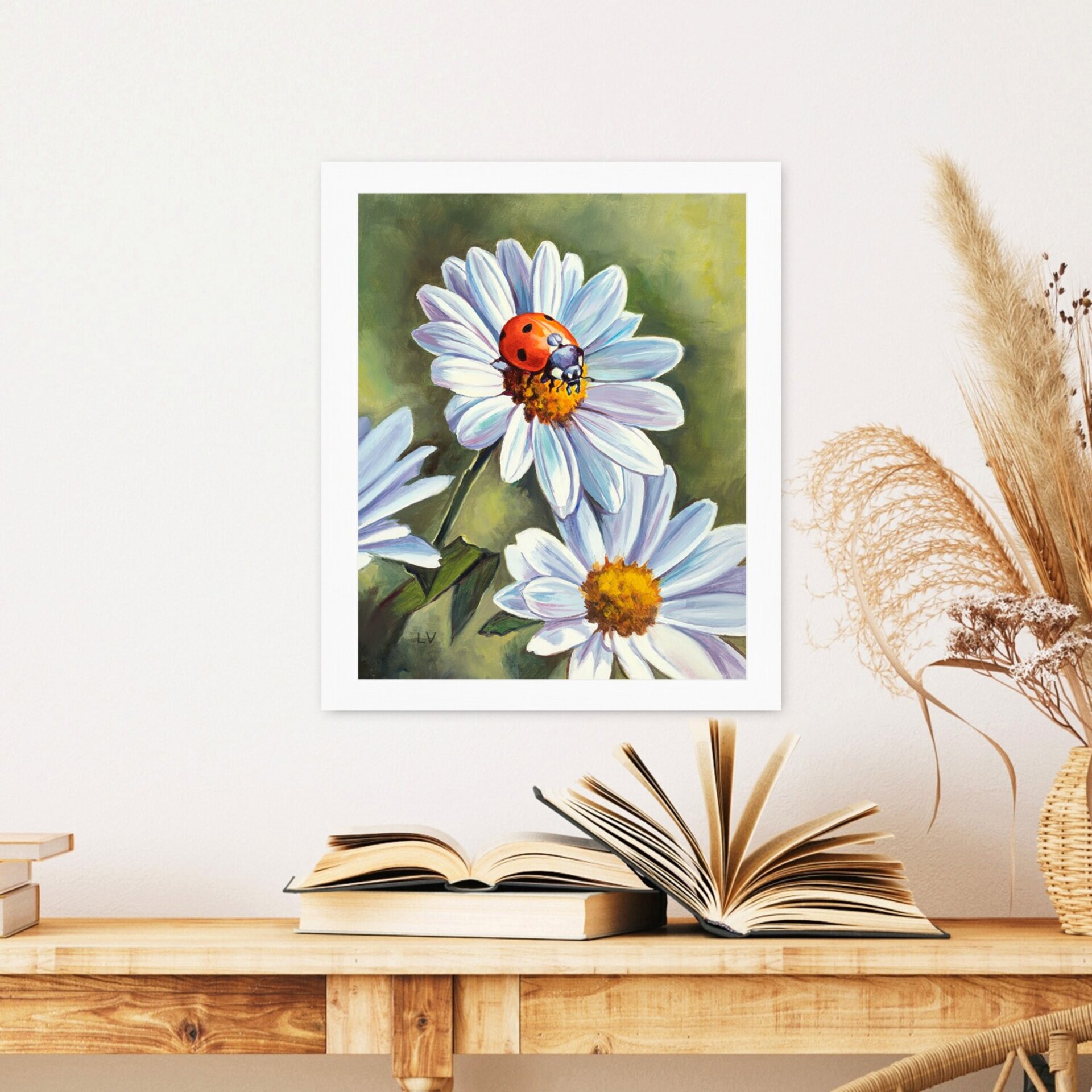 Pintura al óleo de una mariquita roja sobre flores de margarita blancas - 9