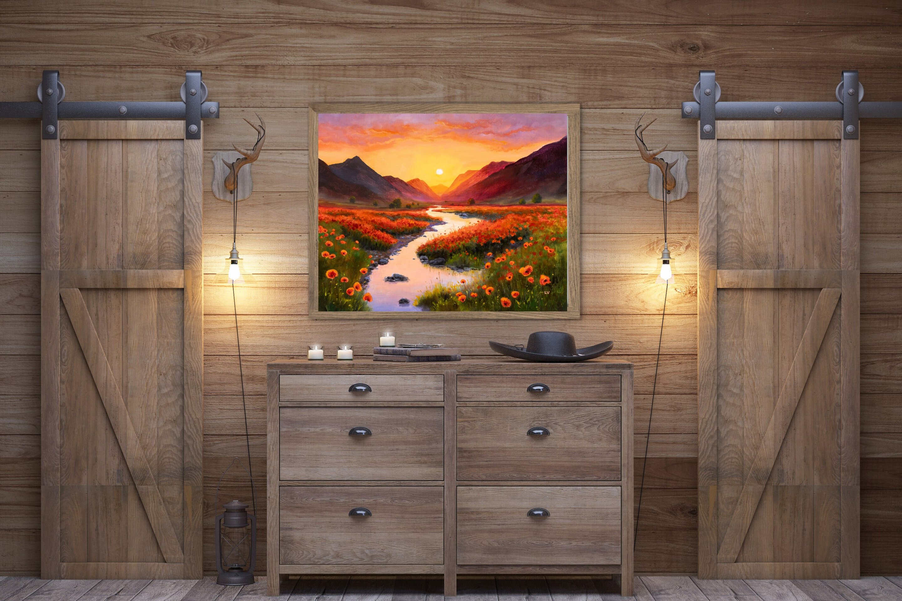 Río con flores en puesta de sol. Pintura vibrante de atardecer con amapolas - 8