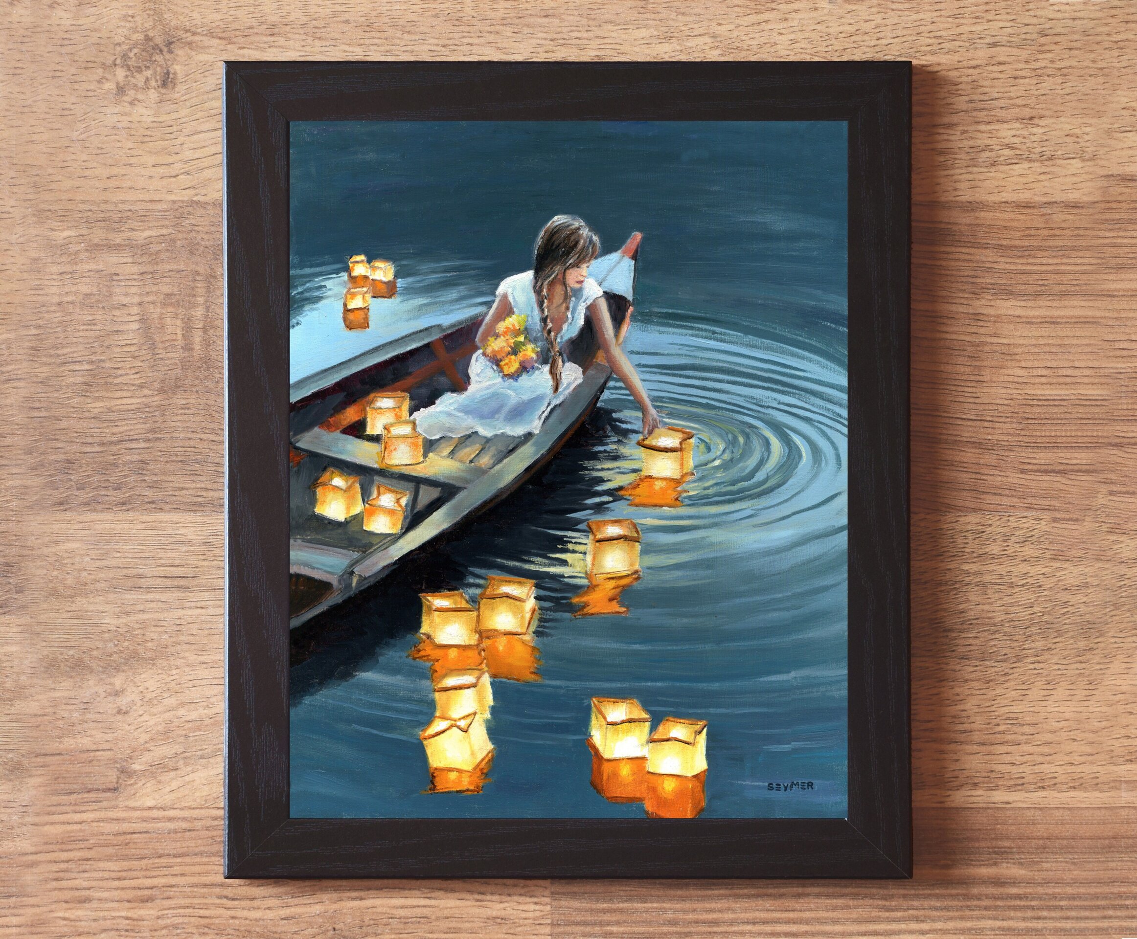 Pintura chica en barca con farolillos de luz en lago de noche, Amor, alma y paz - 2