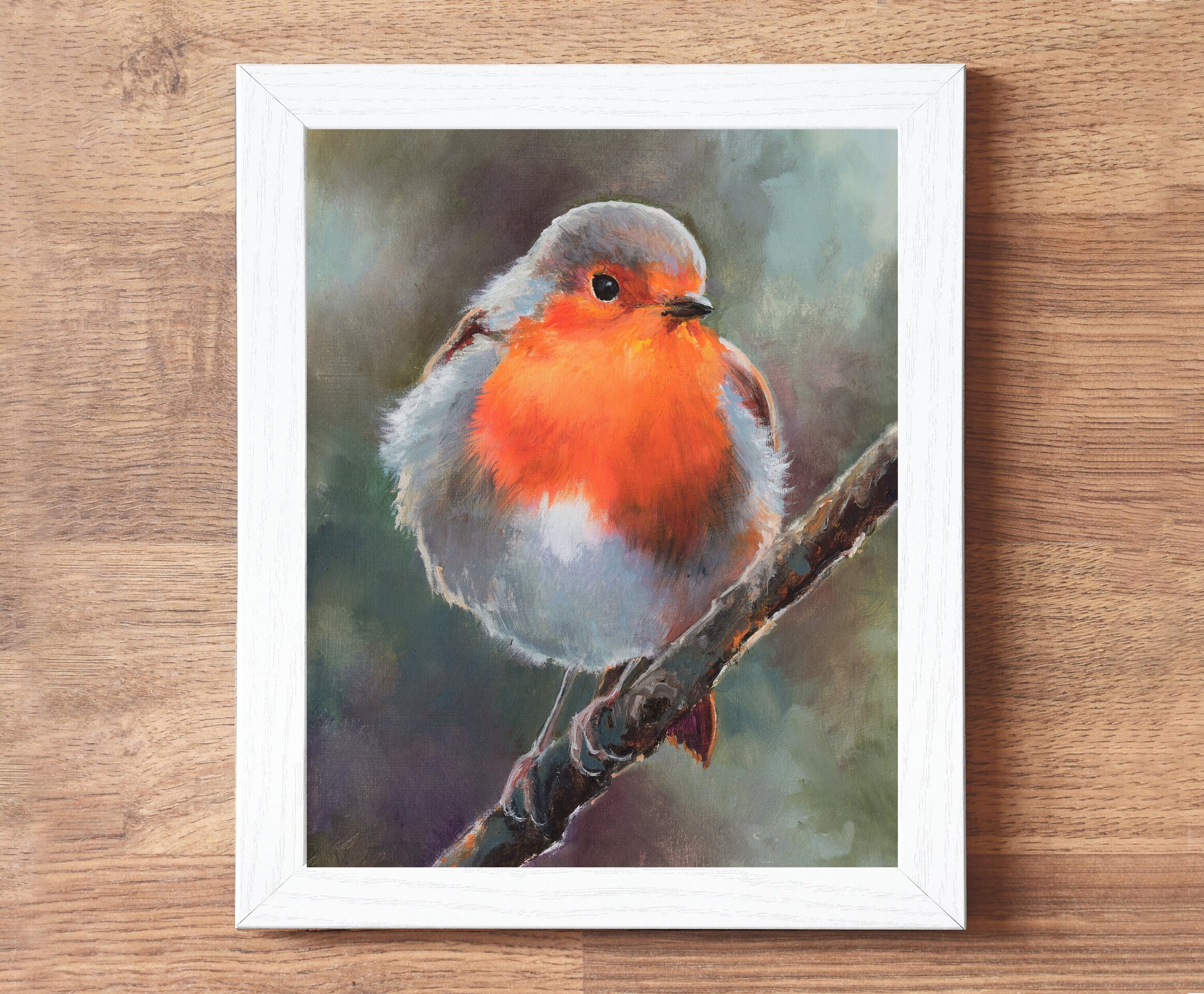 Pintura de pájaro petirrojo sobre rama libre y felíz, Arte de realismo animal - 4